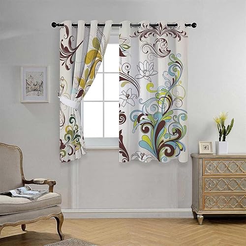 Miniatura 1 de Cortinas De Cocina Modernas Retro Floral Graffiti Grommet Short Divider Curtains Acoustic Fabric 55Inch Width by 55Inch Length,2 Panels