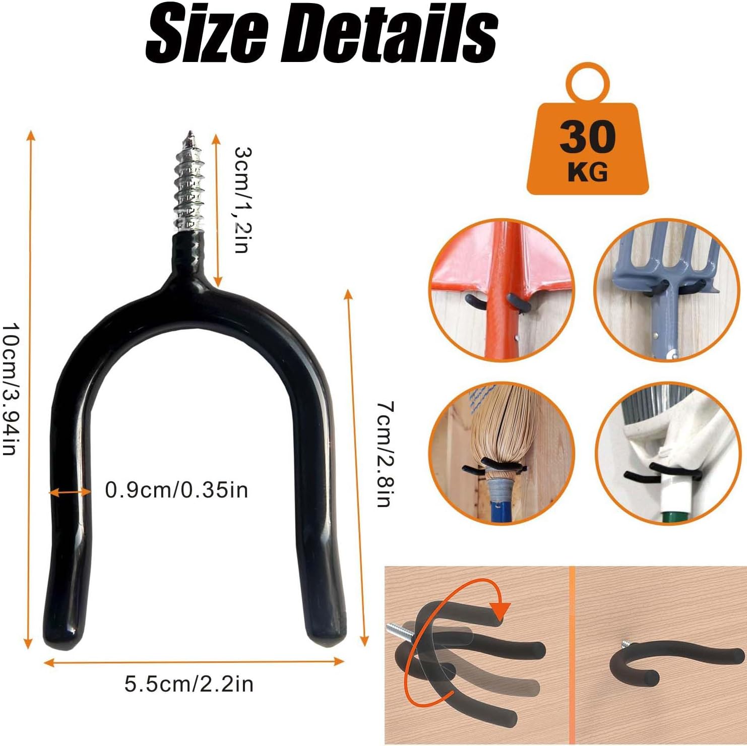 10 Pack Screw-in U Utility Hooks,Vinyl Coated Steel Wall Mount Garage Storage Hanger for Shed Yard,Heavy Duty Hangers for Broom,Rake,Mop,Shovel,Garden Tools,Workshop Organizer Hooks,Black
