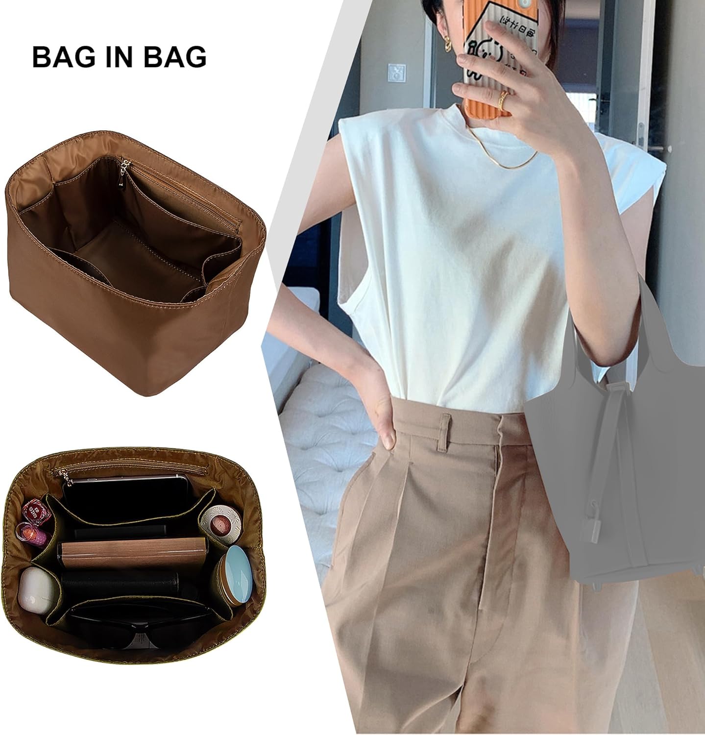 Vercord Handbag Purse Organizer Insert Tote Bag Shaper for Picotin 18/22 with Zipper Pocket Brown Small - Image 7