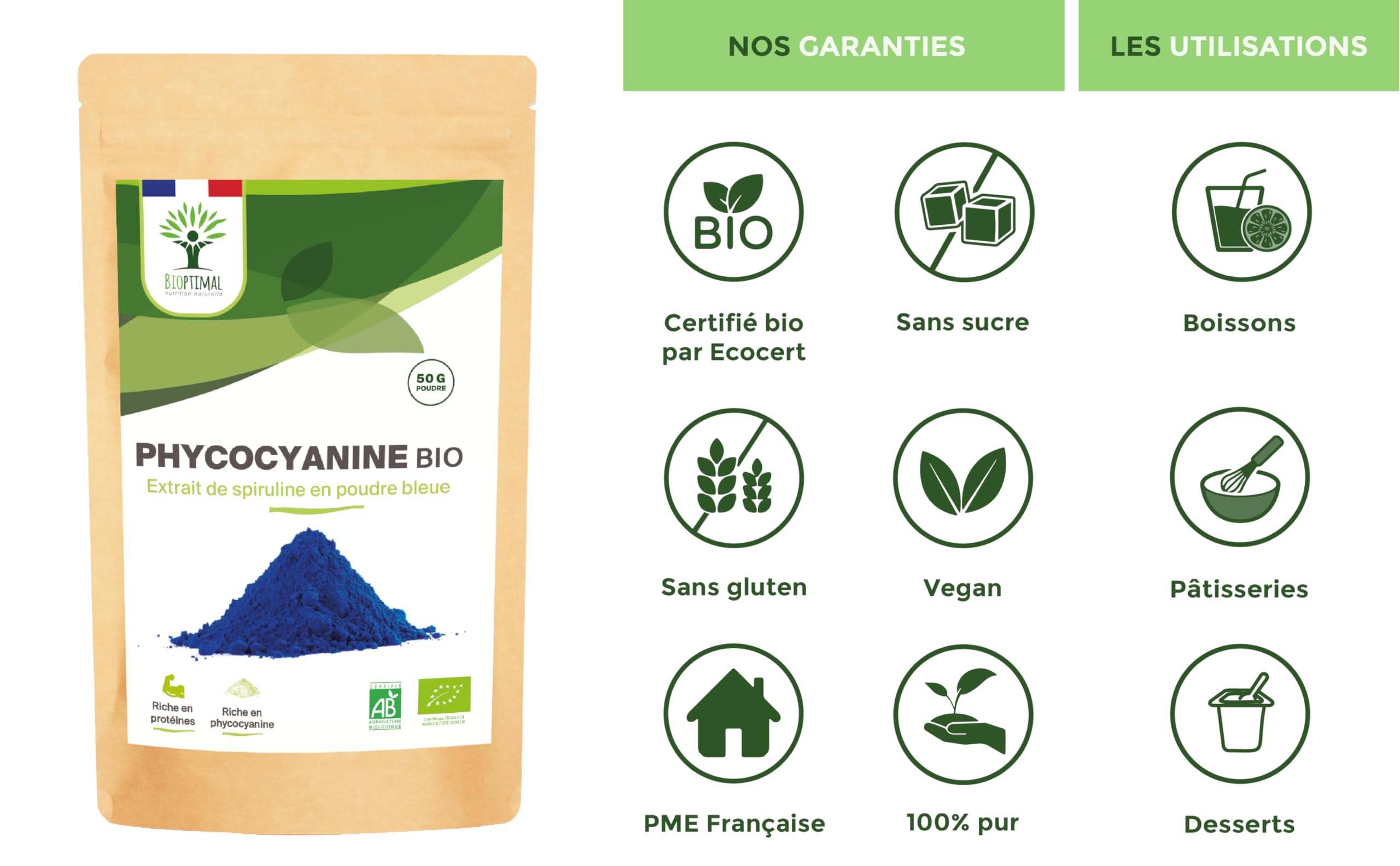 Spiruline Bleue Bio - Bioptimal - En Poudre - 30% Phycocyanine Blue 80% Protéines - Colorant Alimentaire Bleu Intense - Cuisine Recette - Contrôlé et Conditionné en France - Certifié Par Ecocert - 50g