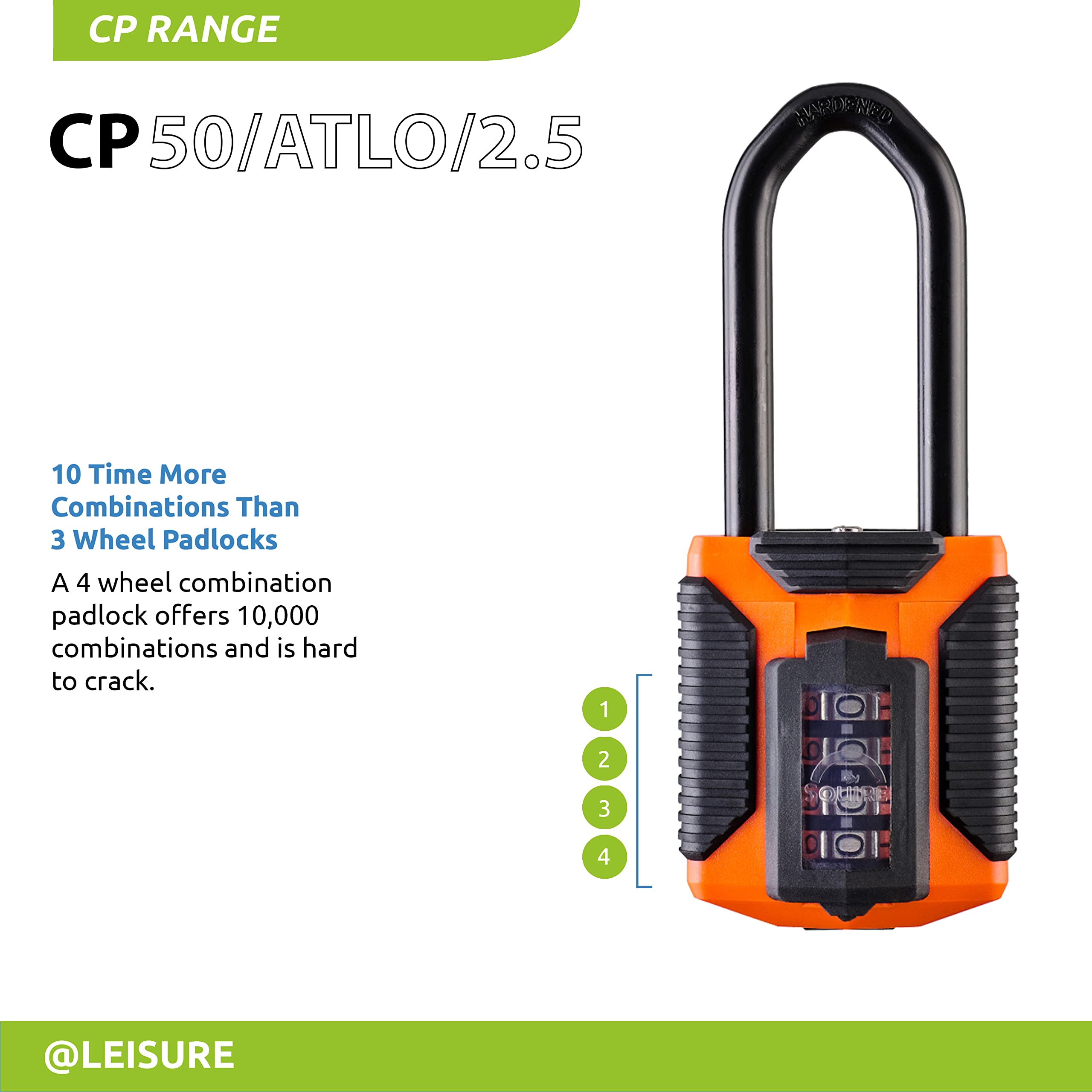 Cadenas Squire robuste (CP50) - Anse en acier la plus résistante - Cadenas à combinaison à 4 roues - Acier allié anticorrosif - Cadenas étanche pour maison, et garage (Manille longue tout terrain)