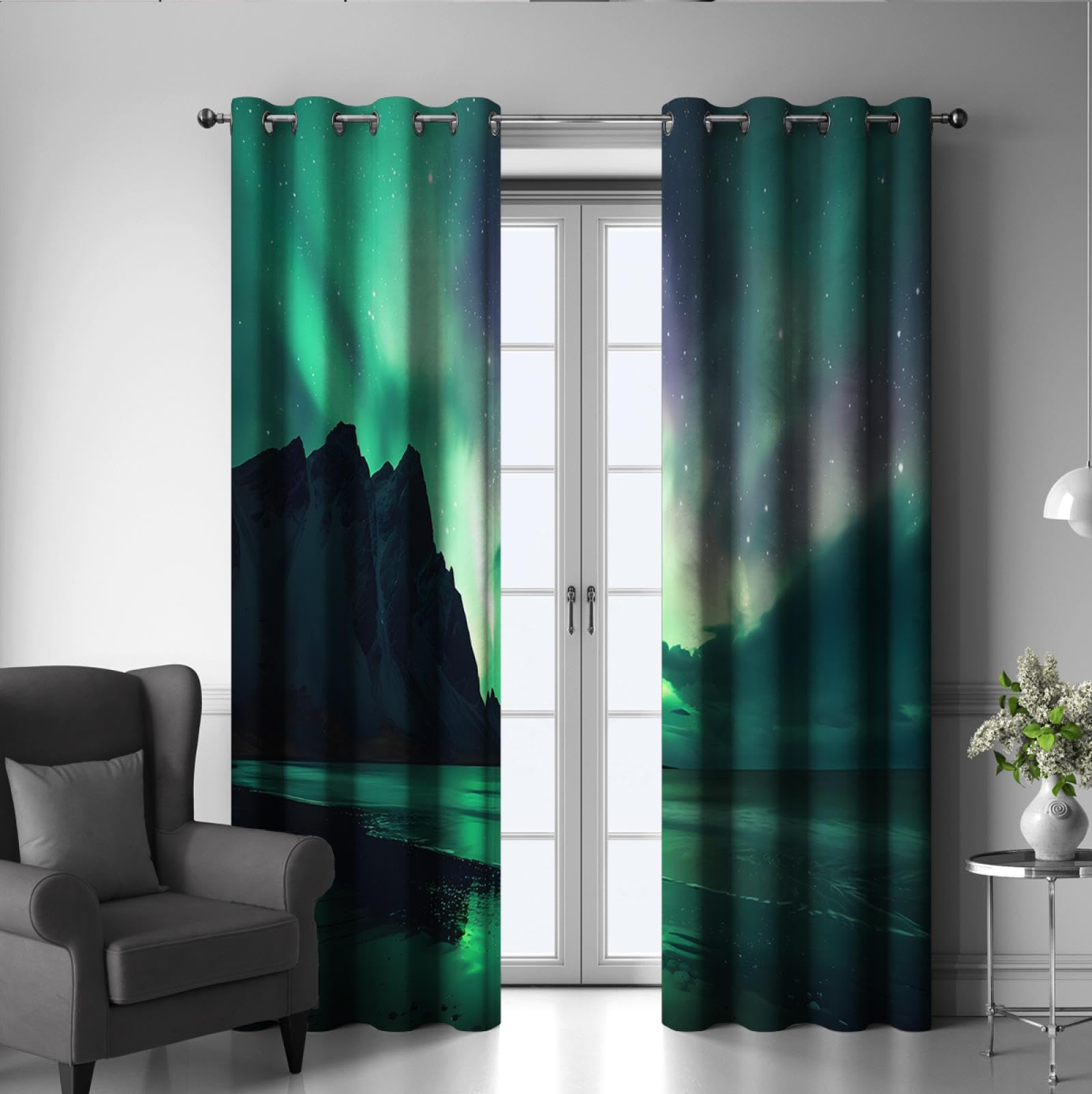 Amazon｜グリーンノーザンオーロラブラックアウトウィンドウカーテンアメージングオーロラ現象カーテンアイレットウィンドウドレープ農家オフィス2パネル用  B168xH229｜カーテン オンライン通販
