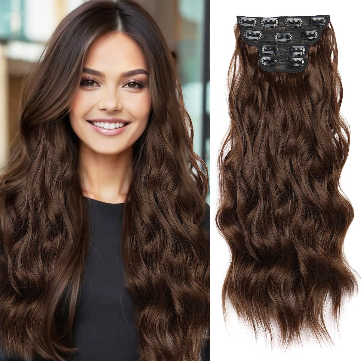 JIAMEISI Clip in Hair Extensions 4PCS Full Head Long Wavy Hair Extensions Synthetic Fiber 22 Inch 200g Clip in Thick Hairpieces for Women/Girls (#8B Chocolate Brown)
