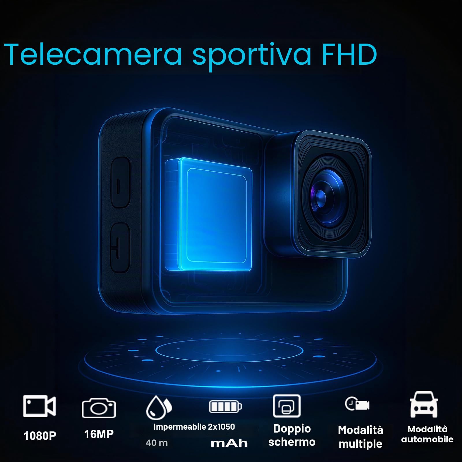 Dual Screen Action Cam FHD 1080P, fotocamera subacquea impermeabile fino a 40 m, action camera con 2 batterie ricaricabili da 1050 mAh e set di accessori