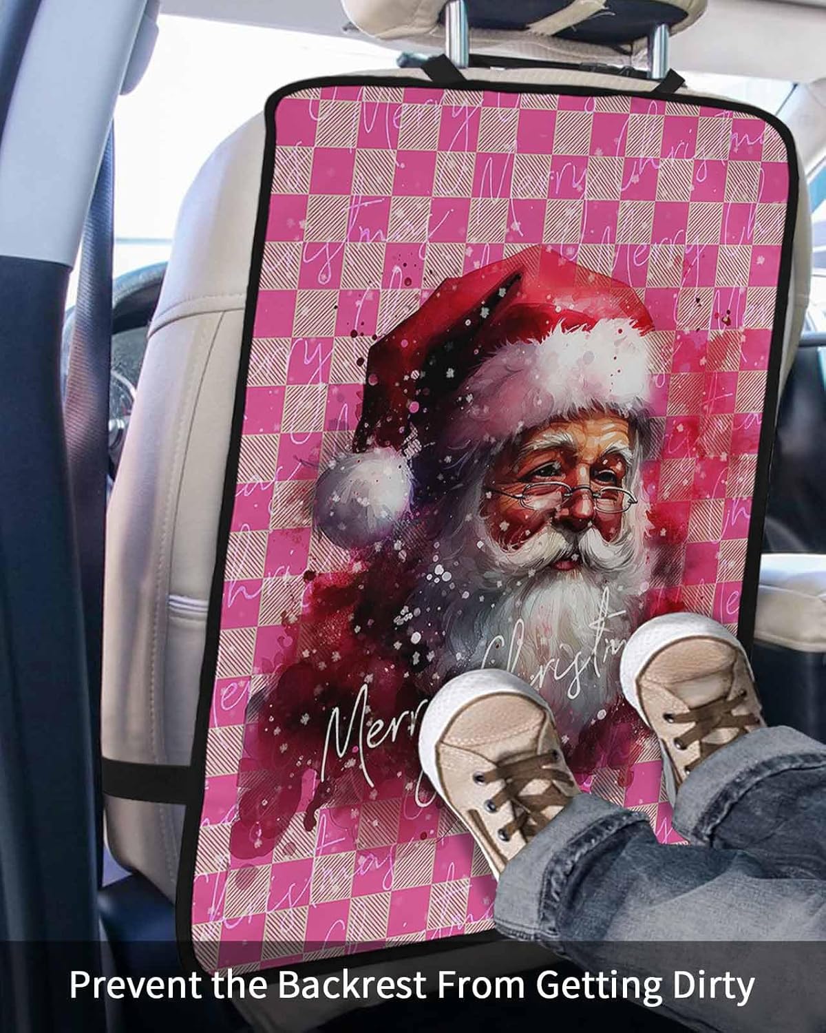T&H XHome Car Seat Protector, 2 Pack Kick Mats Back Seat Protector Christmas Watercolor Santa Claus Pink Buffalo Plaid Waterproof Backseat Cover for Kids Universal Fit Automotive Interior Protectors