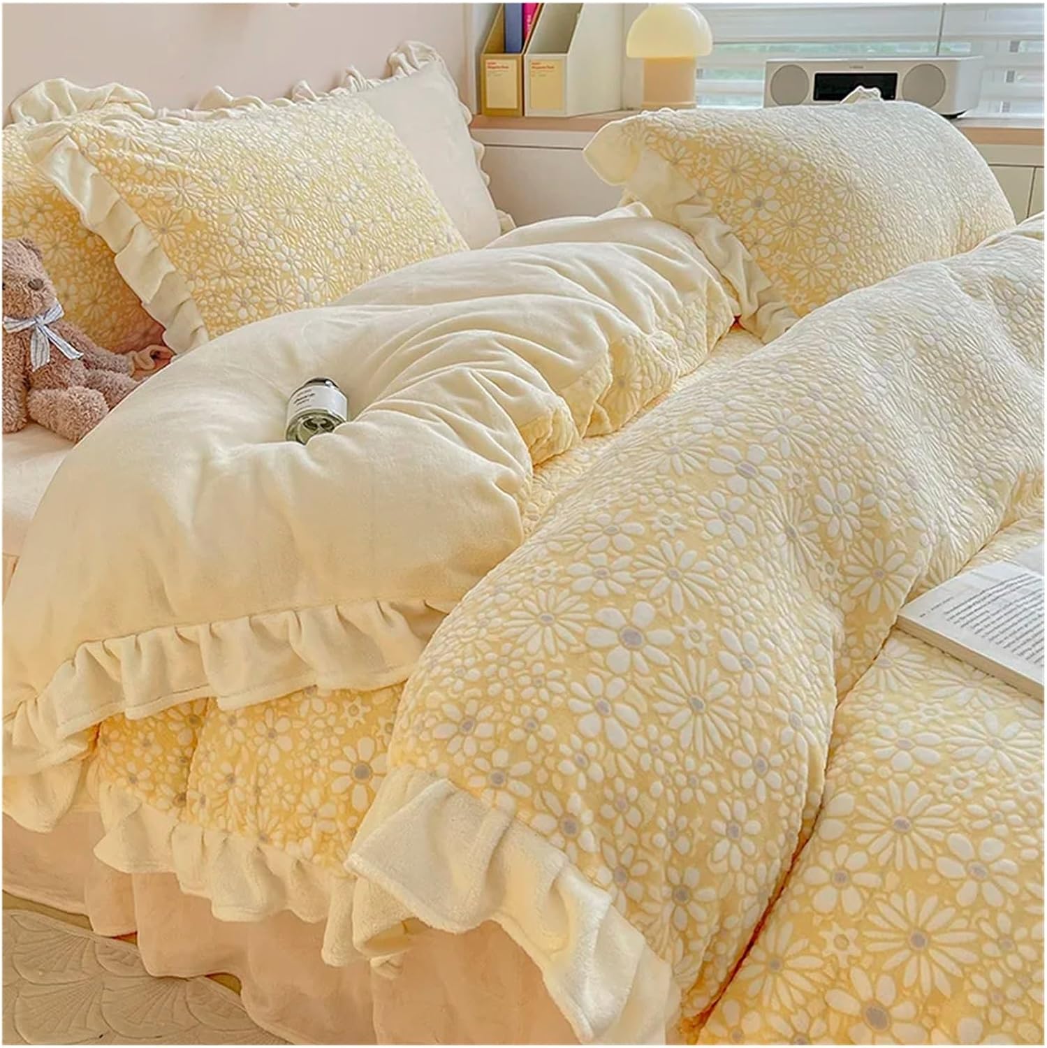 Thickened Lace Quilt Cover for Girls, Flannel Sheet, Milk Coral Velvet, Four-Piece, Winter (Yellow 1.8m bed sheet)