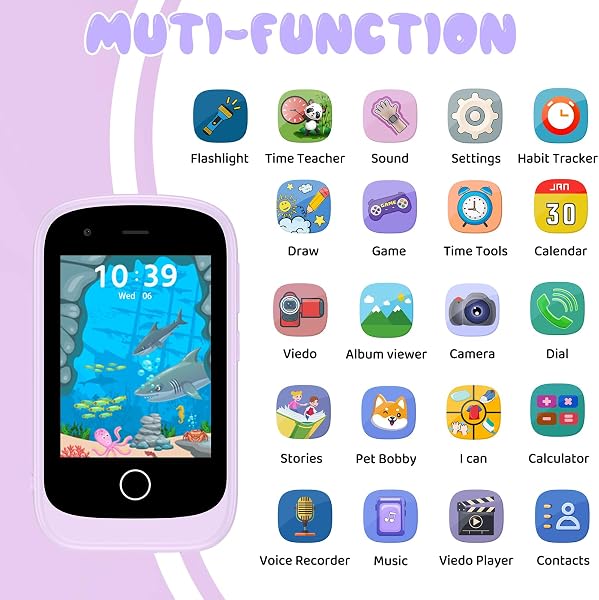 PTHTECHUS Smartphone per Bambini, Cellulare Giocattolo Fiabe Audiolibri Telefono Console Portatili, Giocattoli Elettronici Educativi, Regalo di Compleanno per Bambini, Viola - 2