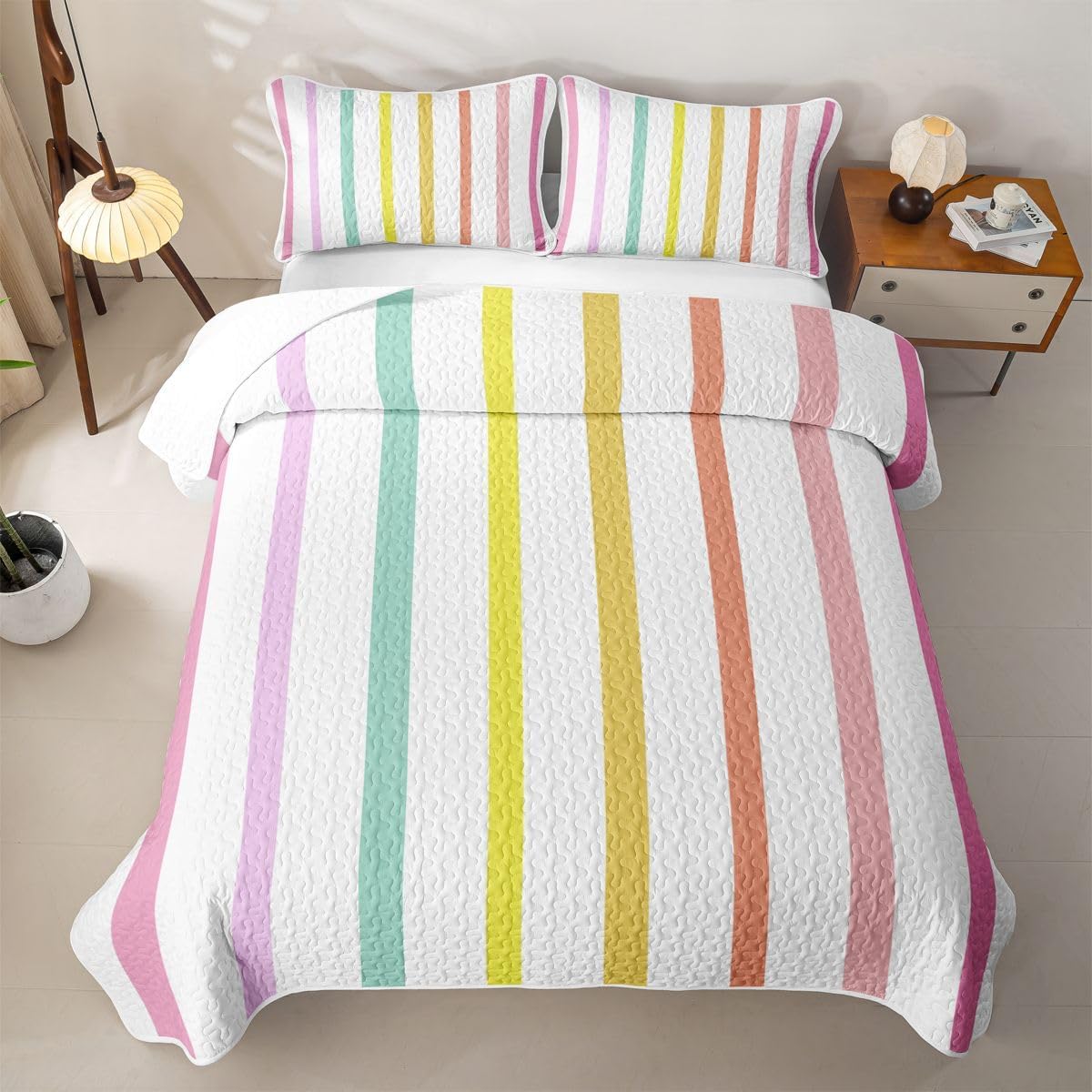 Erosebridal Cute Modern Stripe Kids Quilt Twin Pastel Rainbow Striped Quilt Set for Girls Boys Colorful Stripes Coverlet for Teen Girls Abstract Classic Striped Quilted Bedspread with 1 Pillowcase
