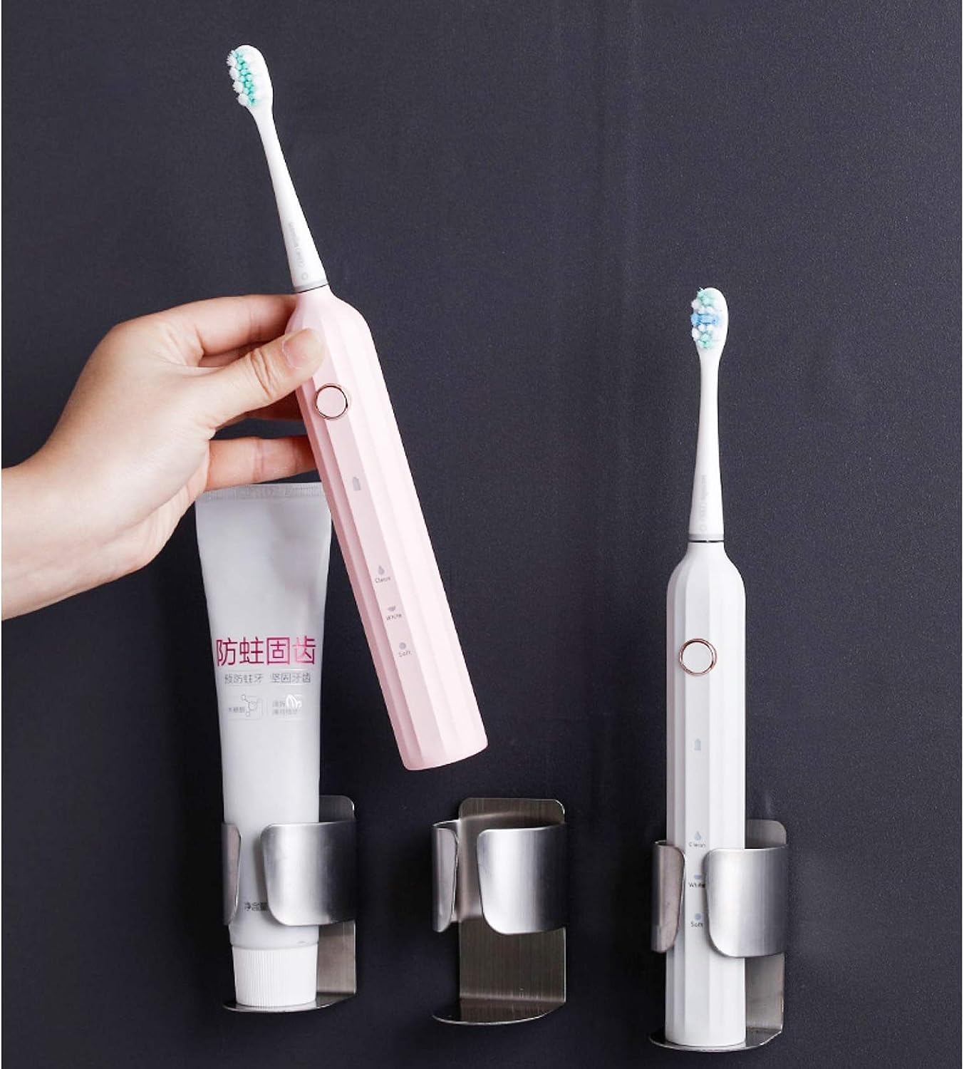 Porte-dentifrice Mural Inox - Lot De 2, Adhésif Sans Perçage - Pour Salle De Bain, Rangement Pratique