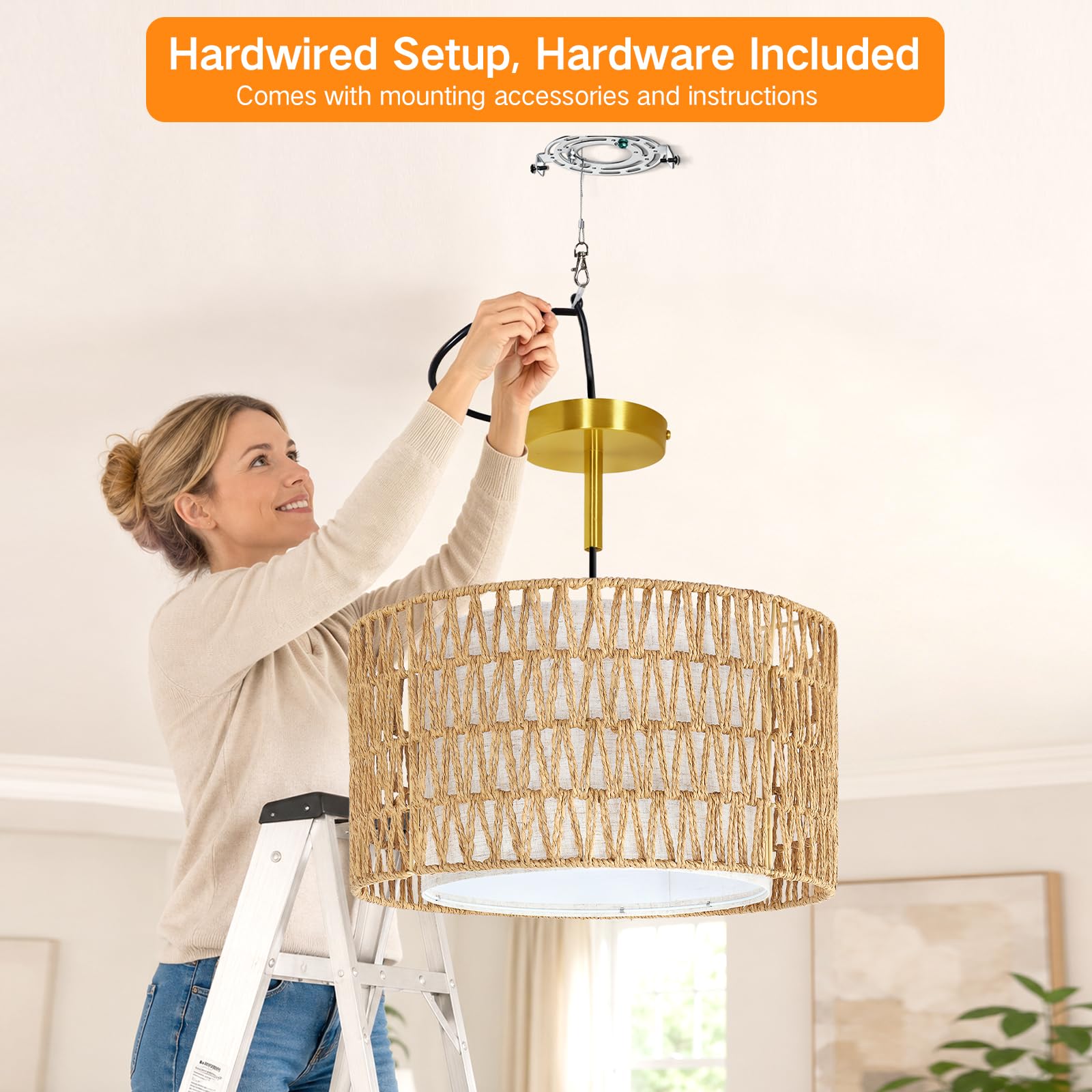 OUTON Plafoniera Boho in Rattan, 3 Luci, Ø43 cm, Dorata | Rattan naturale e paralume interno in tessuto, per soggiorno, camera, cucina e sala da pranzo, 3 x E27, lampadine escluse
