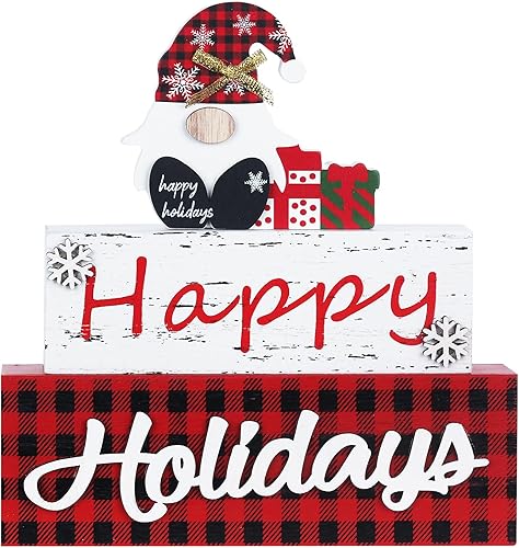 MEETYAMOR Decoración navideña, bloque de madera de gnomo de 3 capas de tamaño grande con letrero de feliz día festivo, decoración de mesa de
