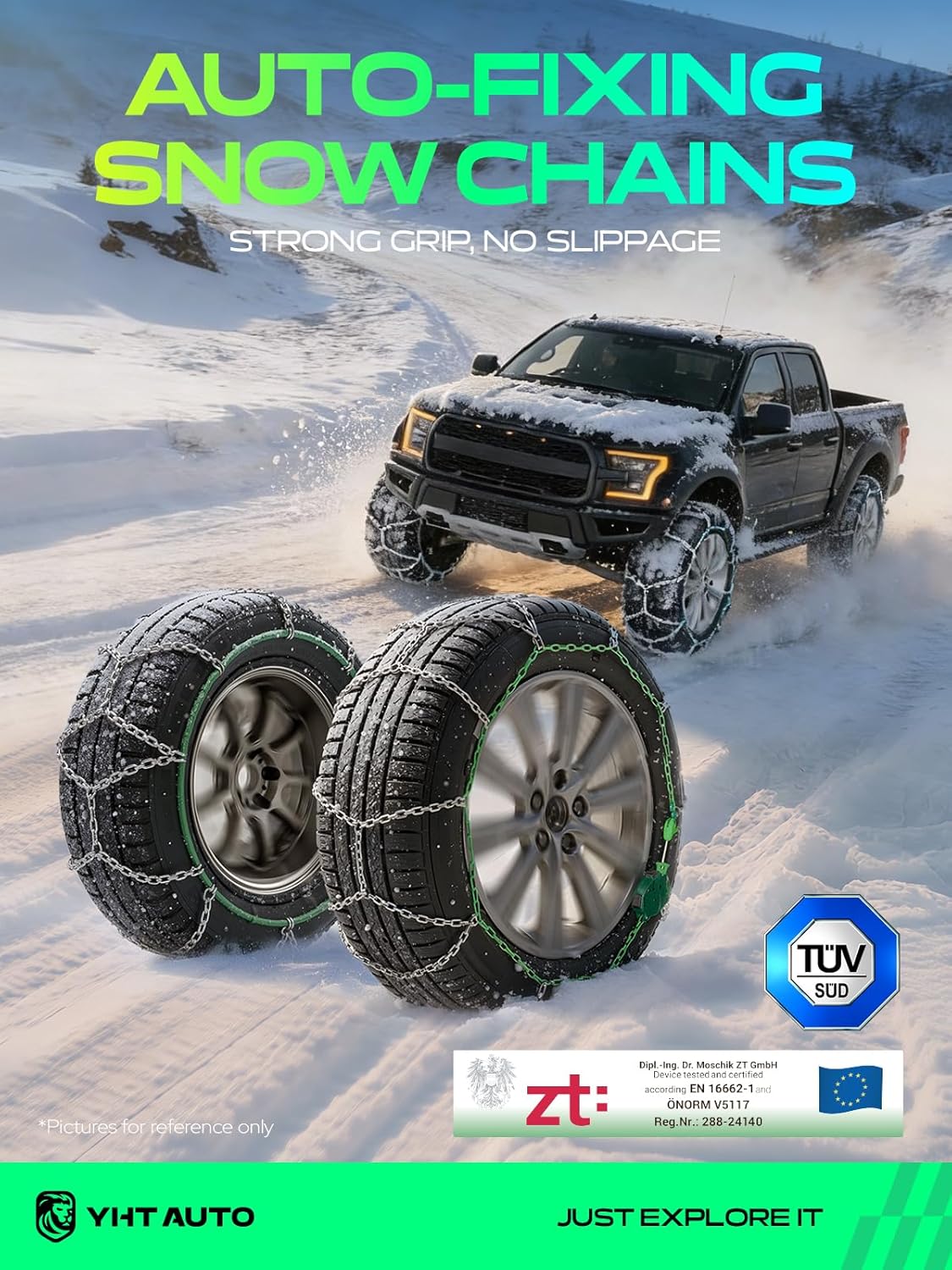 YHTAUTO Set of 2 Snow Chains 12mm for Pickup Truck SUV Passenger Car Universal Fit Tire Chains Auto-Tightening Quick Installation, Anti-slip Traction in Snow, Mud, Sand | SWC0018