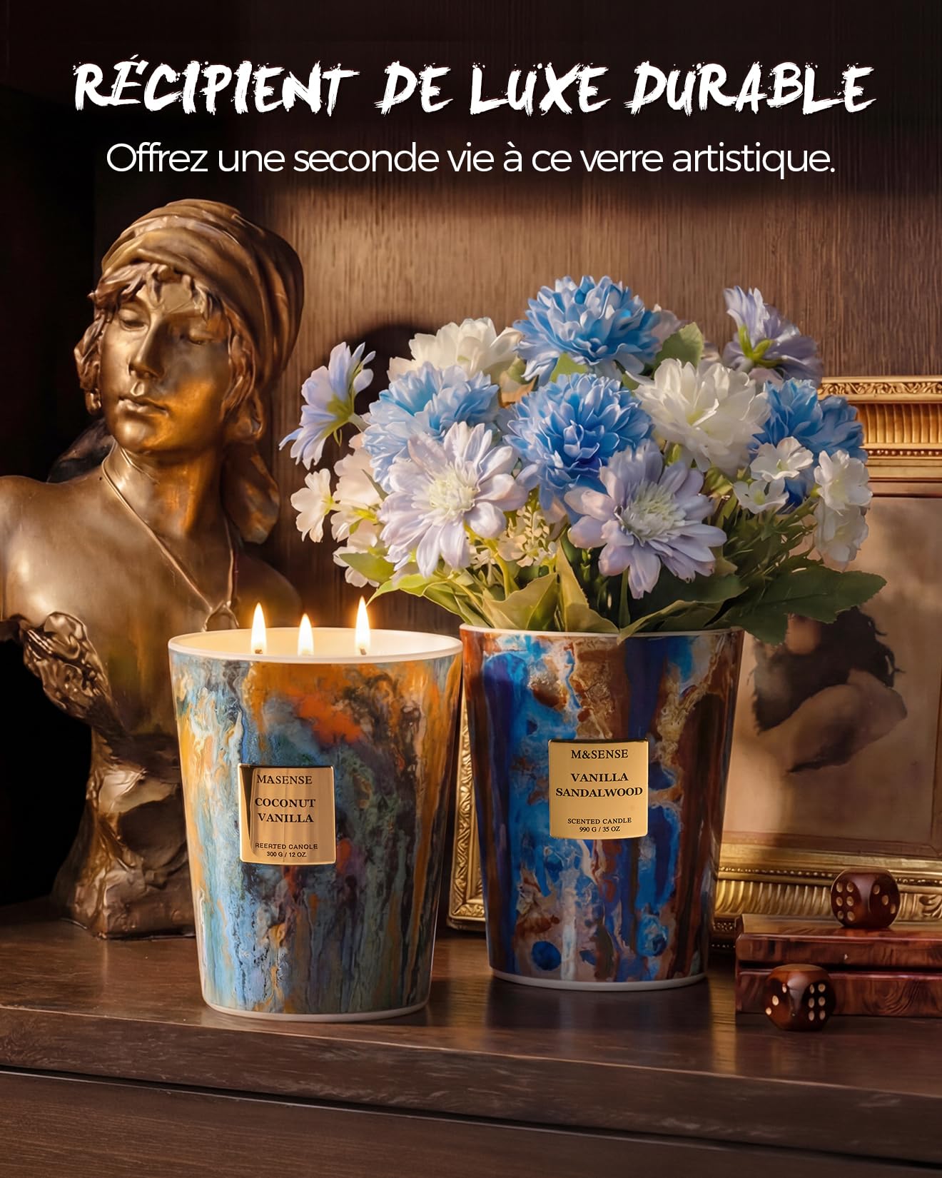 M&SENSE Grande Bougie Parfumée 3 Mèches, 990g Cire de Soja Acajou et Bois de Teck, 150 Heures, Bougie Décorative Luxe Verre Peinture à l'Huile, Cadeau Maison Bureau Concentration Homme Femme