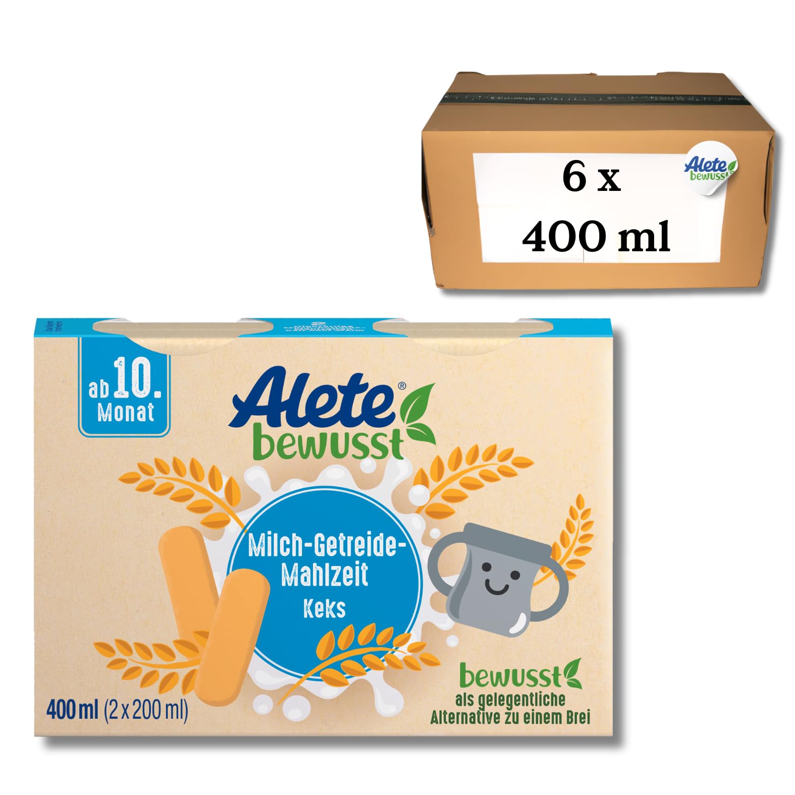 Alete bewusst Milch-Getreide-Mahlzeit Keks, ab dem 10. Monat, trinkfertige Babynahrung mit Keksmehl, praktischer Ersatz zu Babybrei, warm oder kalt trinken, 6 x 400 ml (2 x 200 ml)