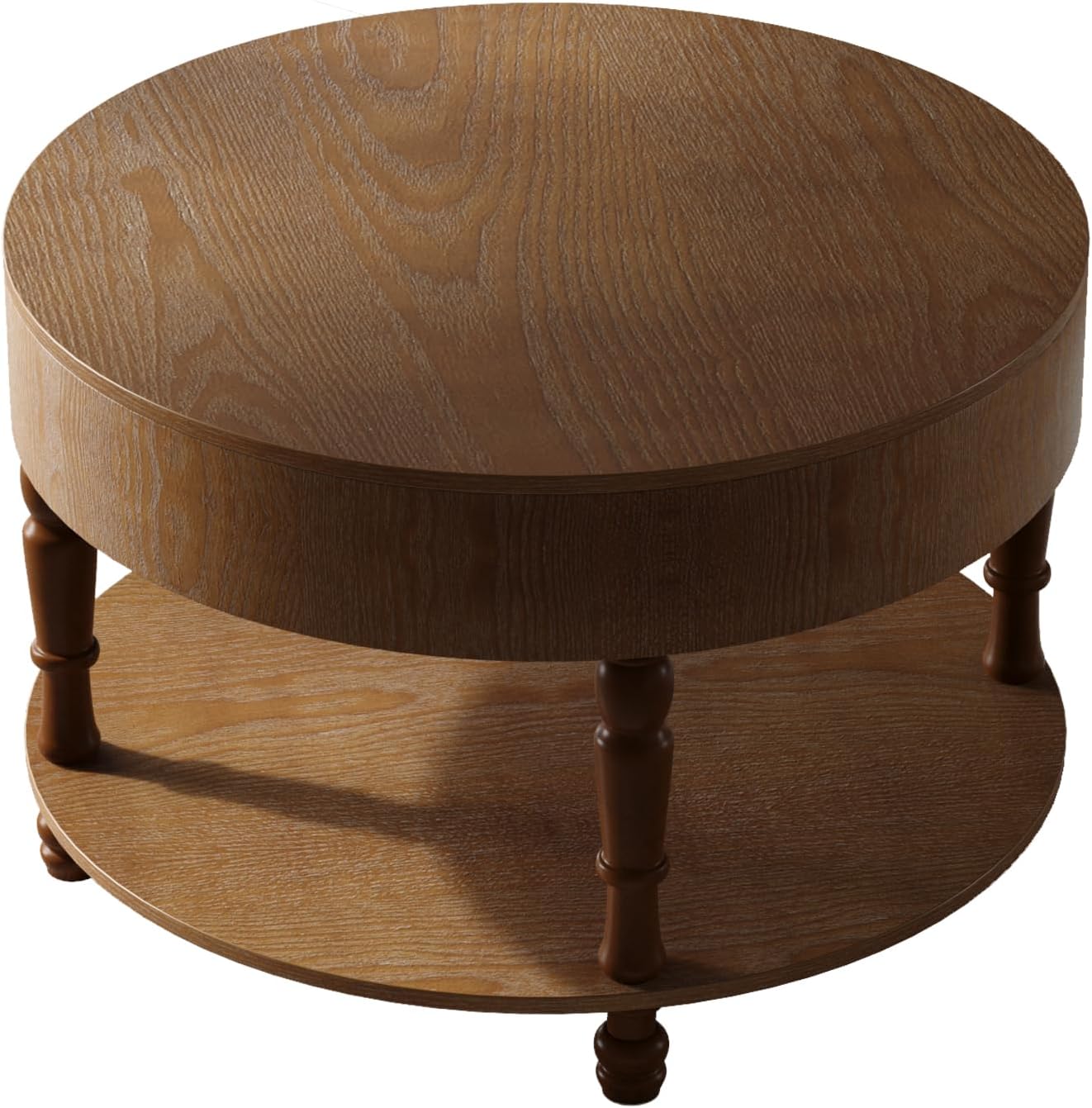 31.5 Inch Large Walnut Round Coffee Table with Flip Top Hidden Storage, Modern Farmhouse Living Room Center Table with Carved Wooden Legs Decor, Accent Circle Couch Table Behind Sofa