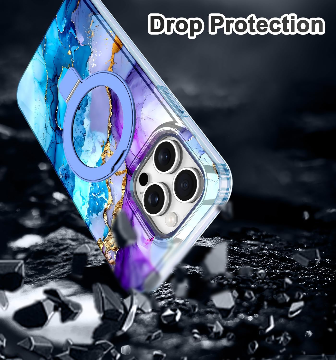 Lamcase for iPhone 16 Pro Max Case with Magnetic Invisible Ring Stand [Compatible with MagSafe], Full Body Rugged Slim Women Men Girl Shockproof Marble Pattern Design Case, Purple/Blue - Image 8