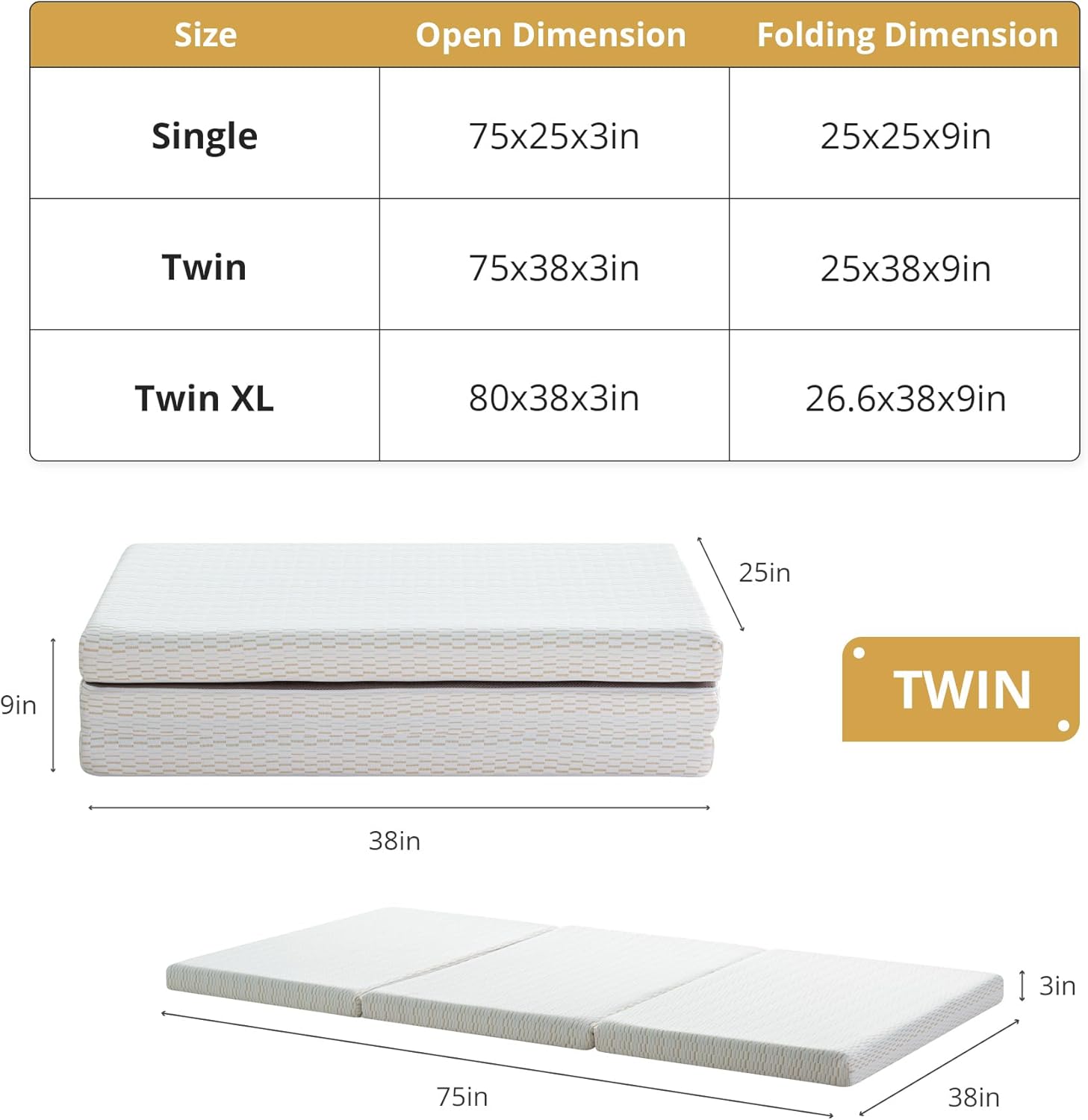 EGOHOME Folding Mattress Single, 3 inch Trifold Memory Foam Mattress Topper, Foldable Floor Bed with Washable Cover for Camping, RV Travel and Guest Sleeping Mat, 75"×25"×3", White