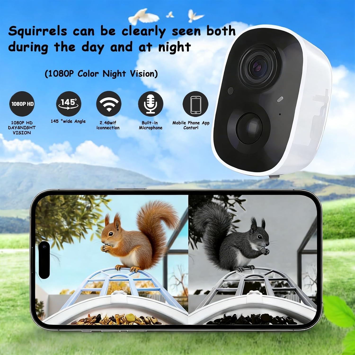 Squirrel Feeder with Camera Solar Powered, Smart Birds Watching Camera with AI Identify 11000+ Bird Species, Auto Capture and Videos & APP Notify Squirrel Feeder Camera with 64G SD.Ideal Gifts