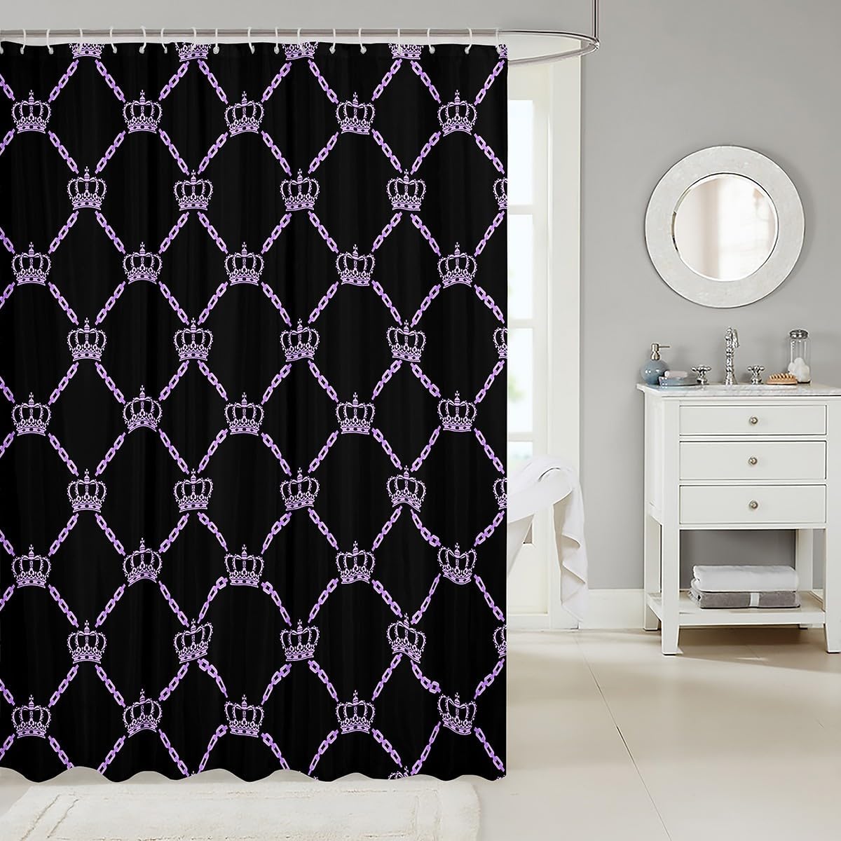 Feelyou Valentine Day Crown Fabric Shower Curtain Black Purple Shower Curtain for Couple Adult Princess Style Bathroom Waterproof Accessories with 12 Hooks Fashion Pretty Curtains,72x72 Inches image 2