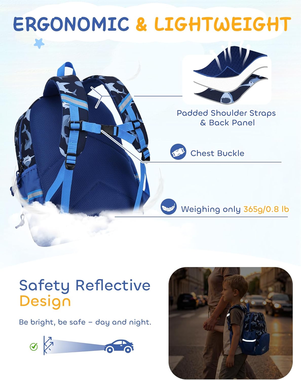Kasqo Toddler Backpack, 12" H Small Bookbag for Boys ages 2-4, Mini Lightweight Kids Backpacks for Preschool Pre-K Daycare Travel, Blue Shark