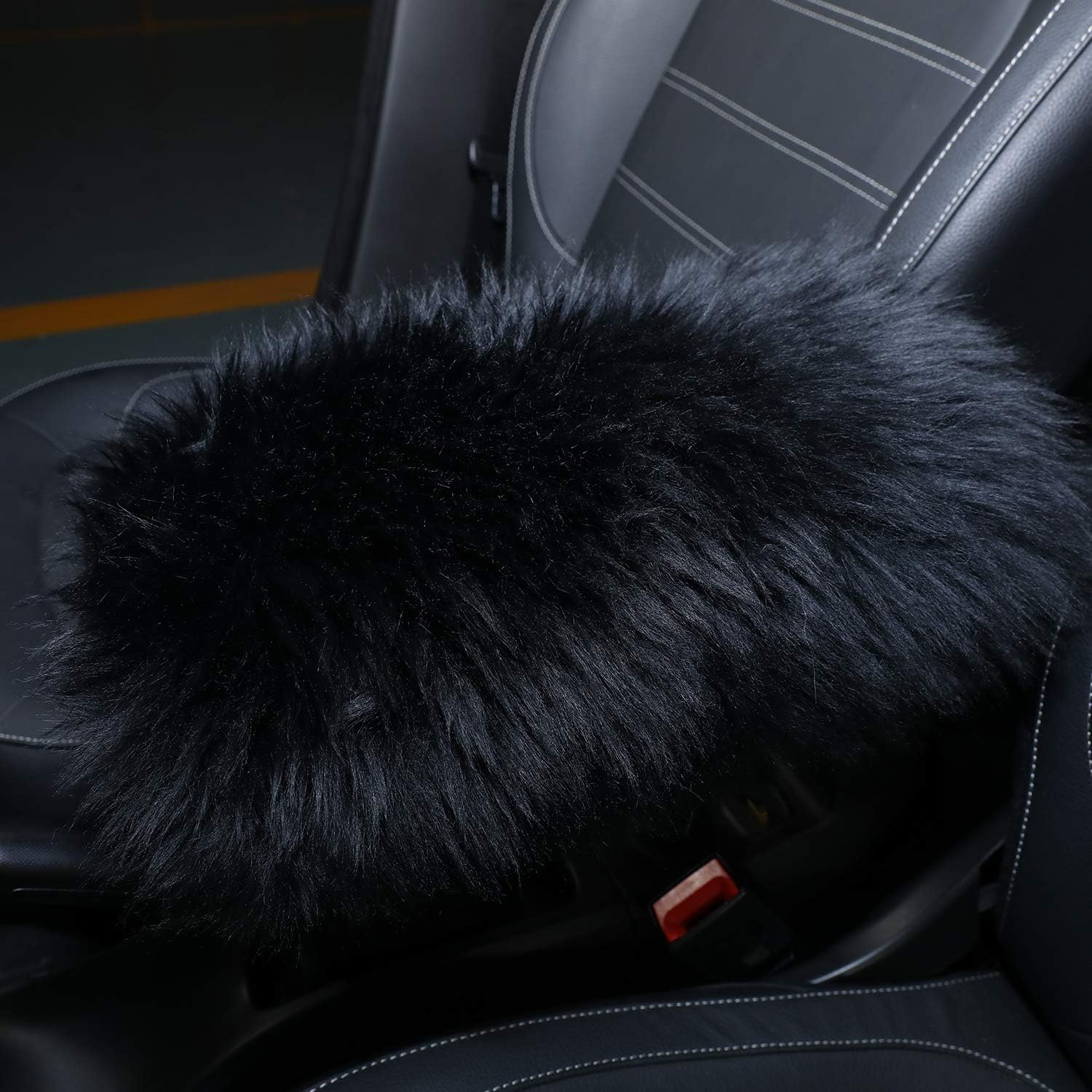 SUHU Soft Car Armrest Cover, Australia Sheepskin Wool Fluffy Center Console Cover Protector Pad, Universal Fit (Black)