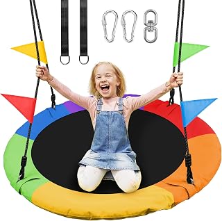Odoland 40 inch Kids Saucer Tree Swing, Large Outdoor Chidren Round Rope Swing Installed on Tree and Backyard, 900D Waterproof Oxford Flying Saucer Platform Swing Great for 3 Kids or 1 Adult Color