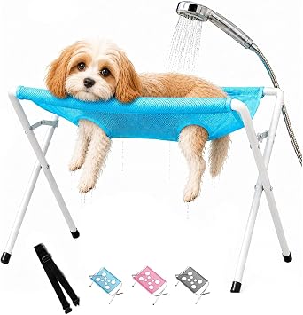 Grooming Pet Bath Stand, 2-in-1 Foldable Pet Grooming Bed, Mesh Bathing Station with Strap, Foldable Tube Frame, for Pet Washing, Picking Ears, Nail Clipping-Blue