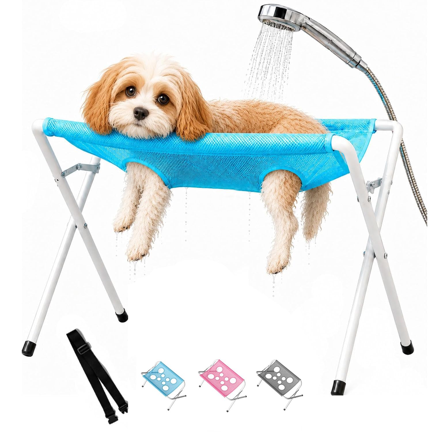 Grooming Pet Bath Stand, 2-in-1 Foldable Pet Grooming Bed, Mesh Bathing Station with Strap, Foldable Tube Frame, for Pet Washing, Picking Ears, Nail Clipping-Blue