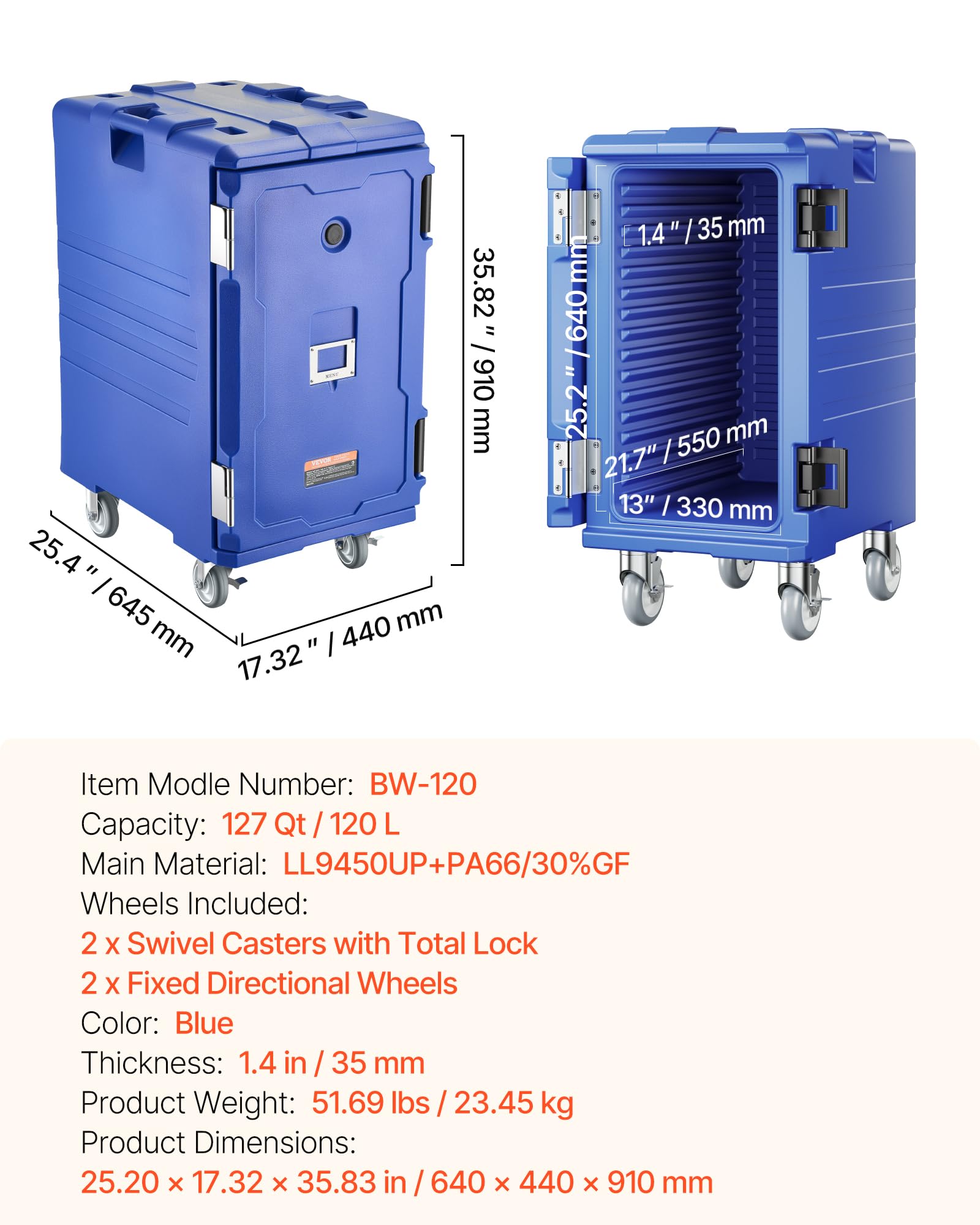 VEVOR Caja Térmica para Alimentos con Aislamiento 120 L para Catering, Caja para Alimentos con Hebillas Dobles, con Asas, Cargador Frontal con Ruedas para Restaurantes y Cantinas, 658 x 480 x 810 mm