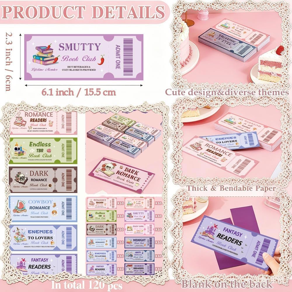 120 Pcs Book Club Ticket Bookmark Funny Club Ticket Bookish Gifts - Cowboy Romance Reading Tracker, Dark Horror Anti Social Fantasy Themed Library Party Supplies for Women Men Book Lover Readers - Image 3