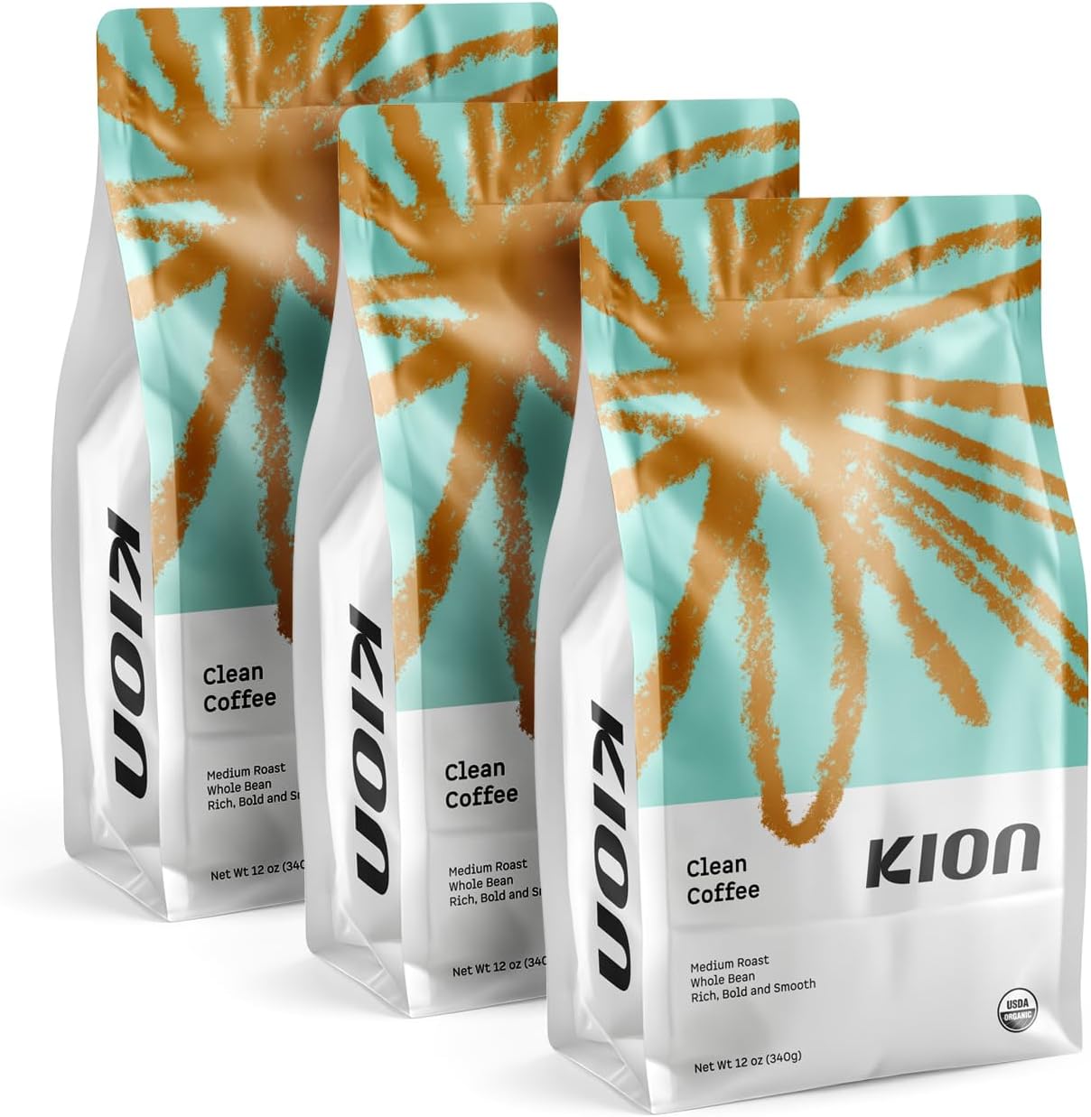 Kion Organic Whole Bean Coffee, Tested for Toxins, Ethically Sourced, Rich, Bold, and Smooth, Medium Roast 12 Oz (3 Pack)