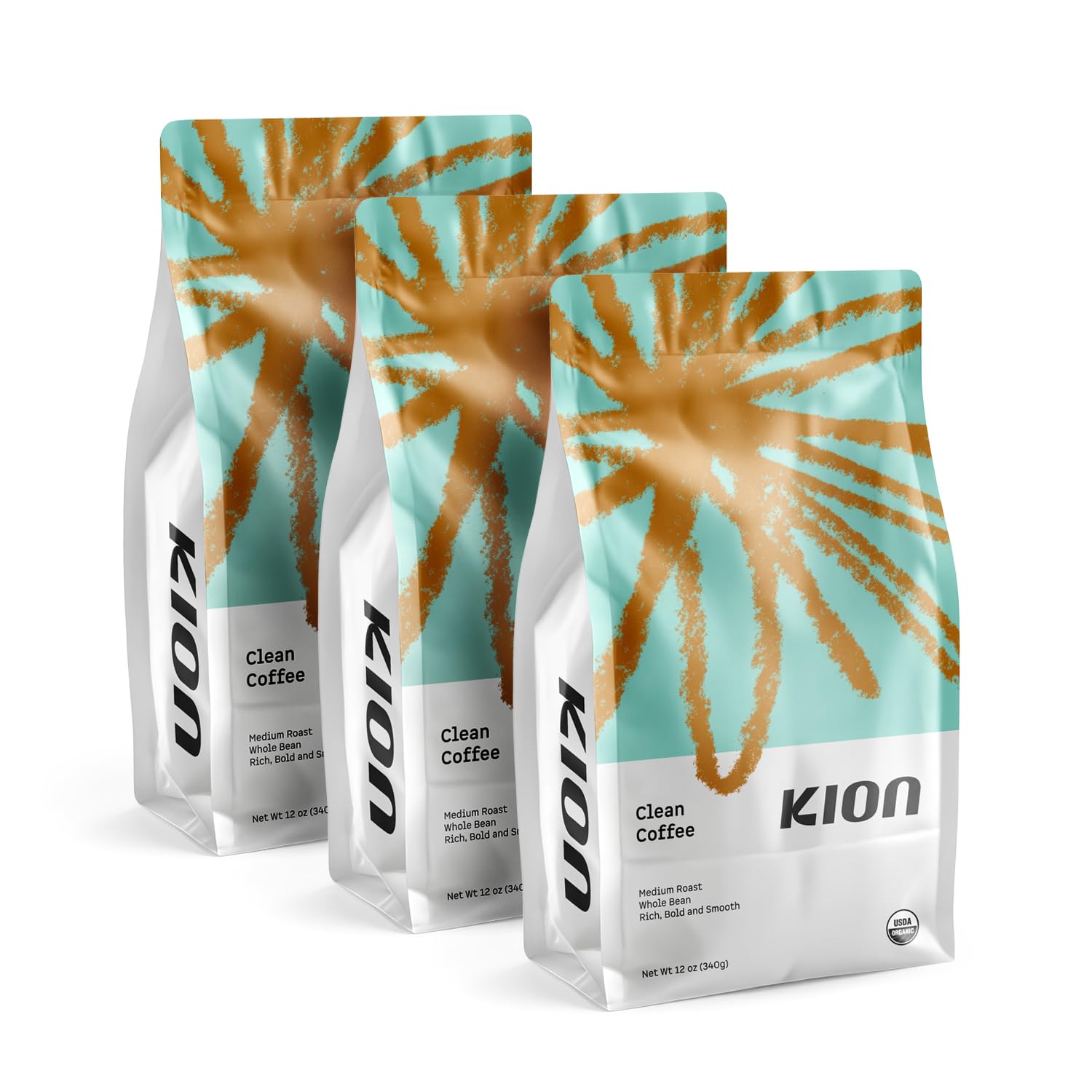 Kion Organic Whole Bean Coffee, Tested for Toxins, Ethically Sourced, Rich, Bold, and Smooth, Medium Roast 12 Oz (3 Pack)