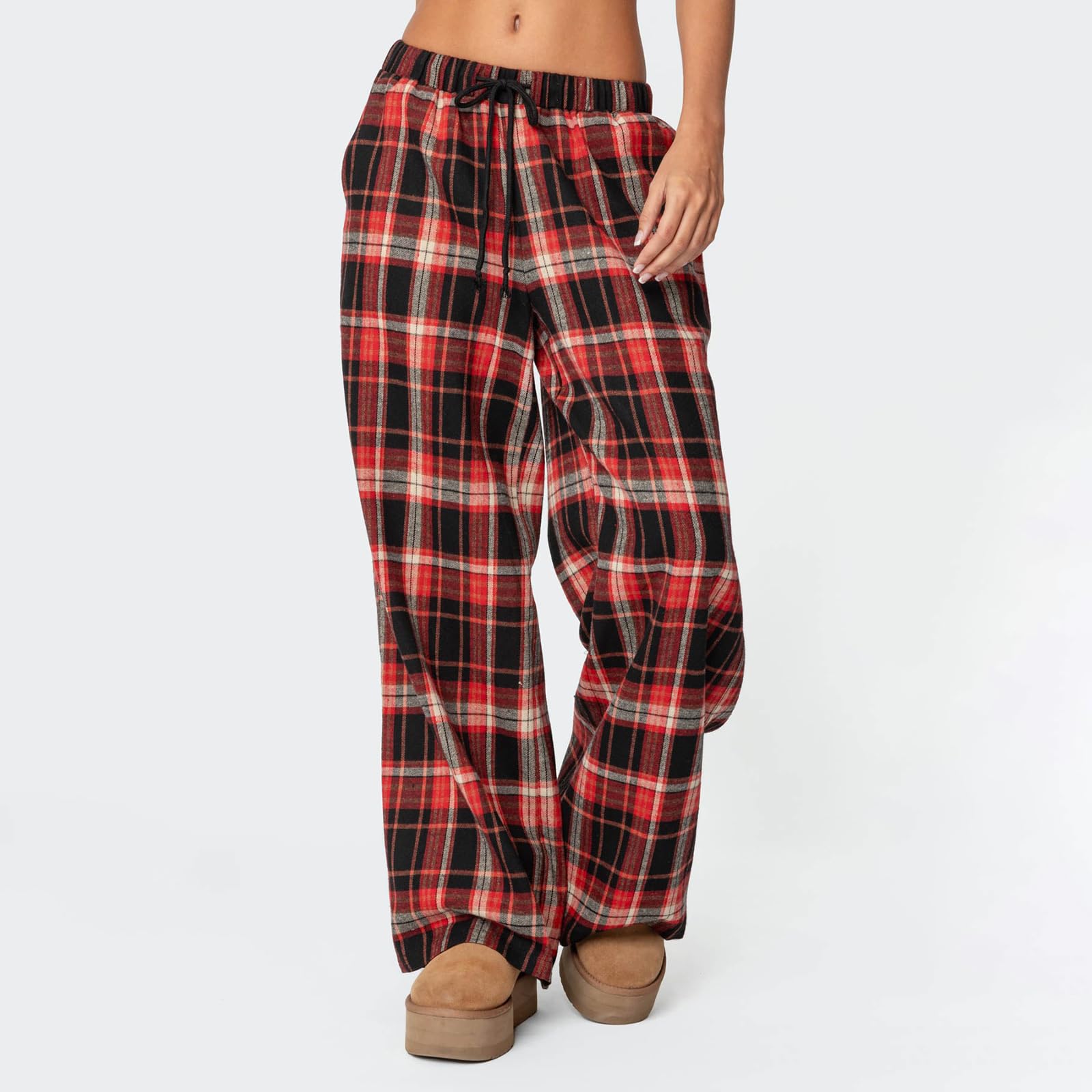 Sexy Outfit Pantalon de Salon à Jambes Larges pour Femmes, Confortable, Taille élastique, Baggy, à Carreaux, Palazzo, Ample, Cordon de Serrage, avec Poche