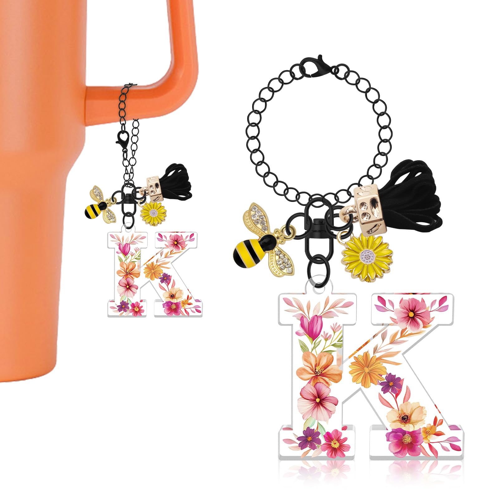 Oubaka Letter Charm Accessories for Stanley Cup, Initial Name ID Personalized Handle Charm with Tassel Bee Flower for Bag