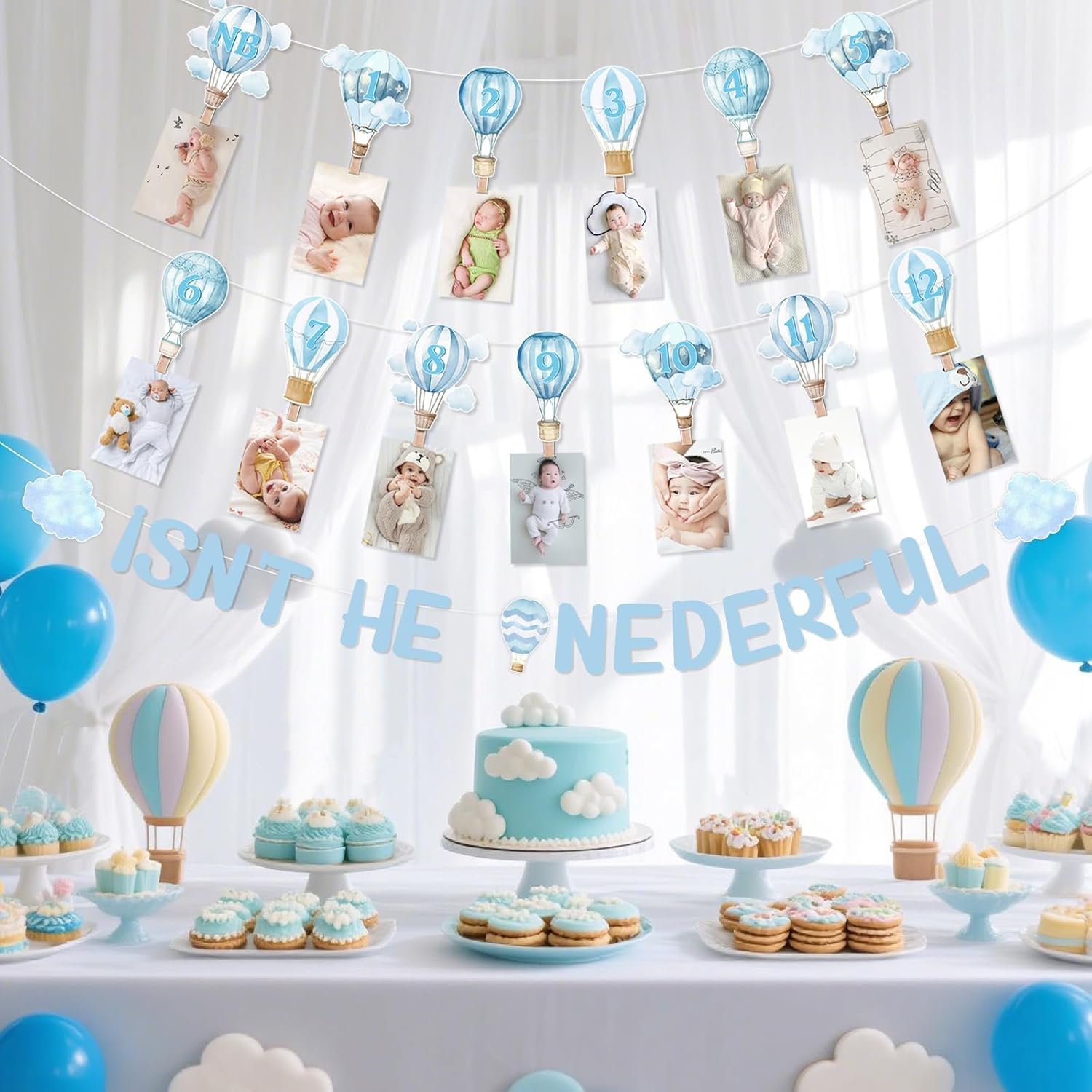 Hot Air Balloon 1st Birthday Decorations Blue Isn't He Onederful Banner Clouds Hot Air Balloon Photo Banner Travel World Airplane First Birthday Decor Travel Adventure One Year Old Bday Party Supplies