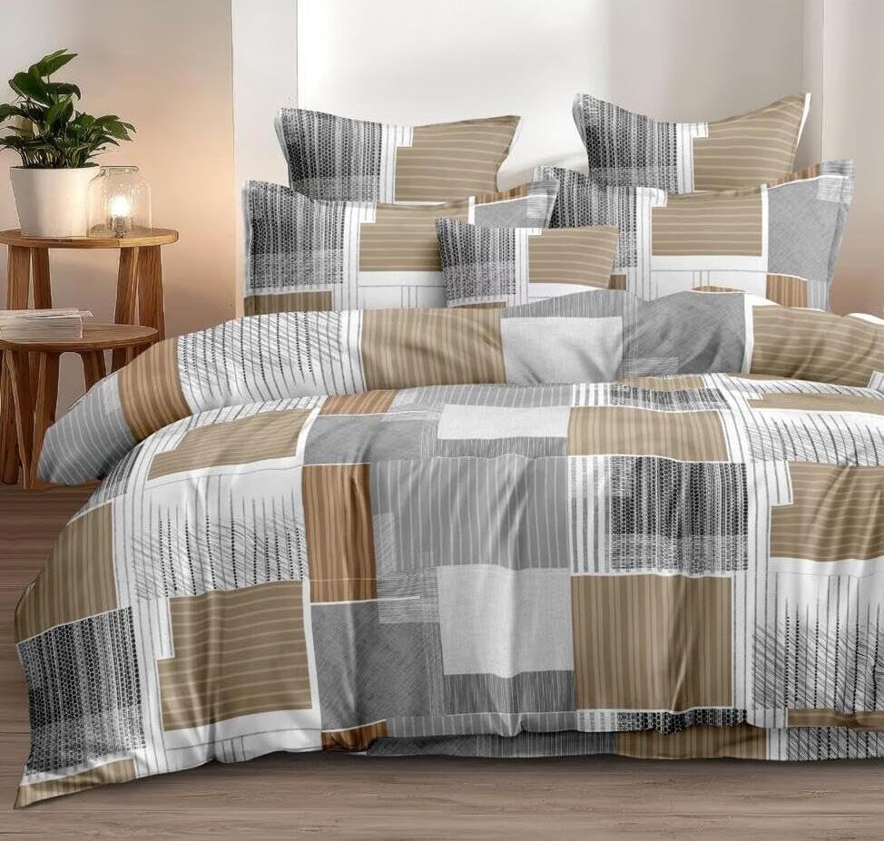 Image of DECOR2ADMIRE 300TC Glace Cotton Super King Bedsheet with 2 Pillow Covers (Brown Blocks)
