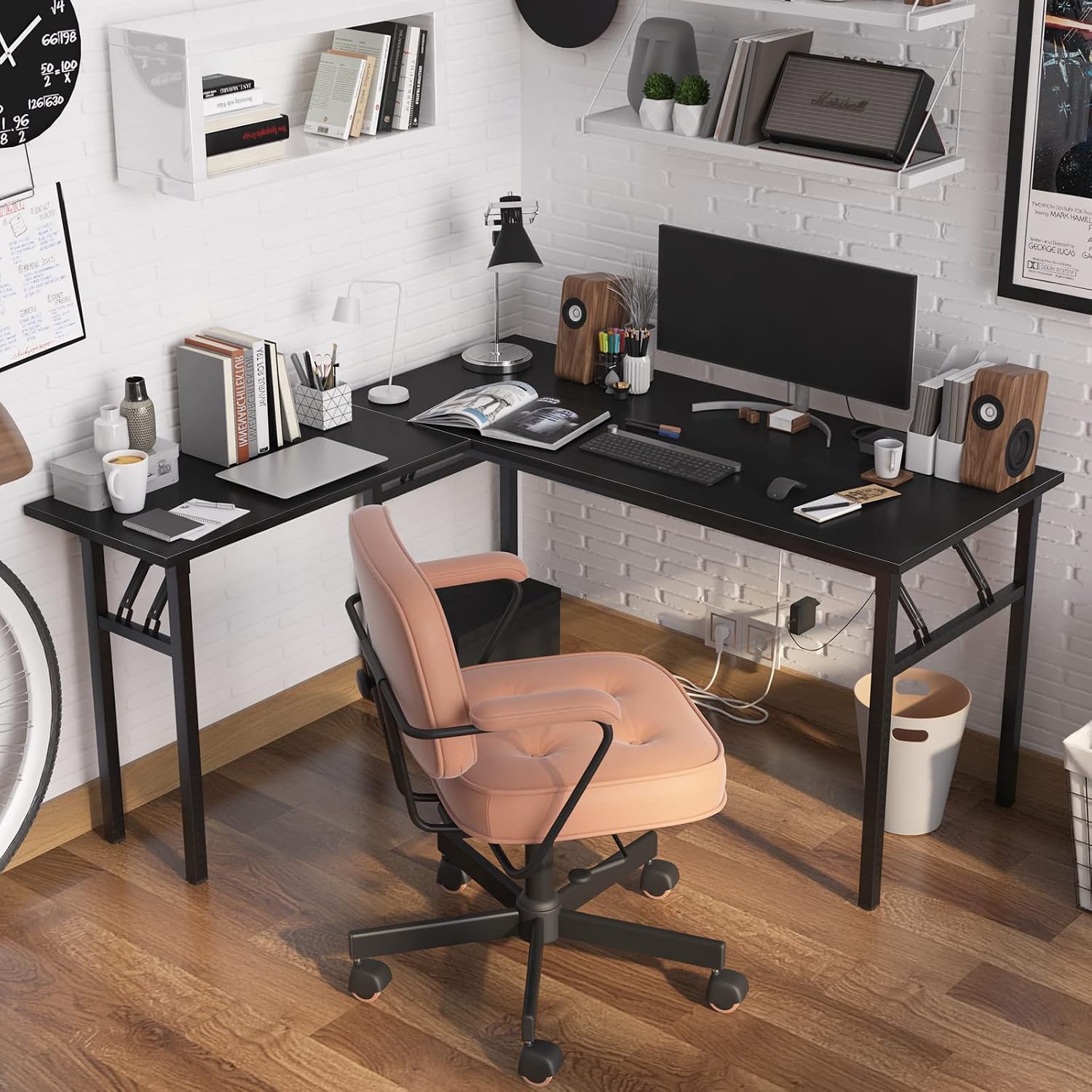 Need L Shaped Desk, Folding Computer Desk, 55 inches x 55 inches L Desk for Home Office, One-Step Assembly Foldable Table, Black