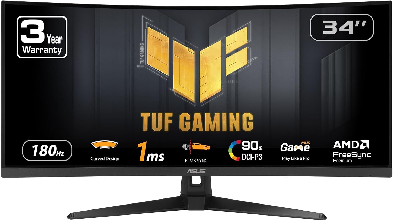 TUF Gaming VG34VQ3B 34 Inch 1440p 180Hz Ultrawide HDR Gaming Monitor | ELMB Sync, 1ms,1500R Curve, 90% DCI-P3, Built-In Speakers, FreeSync Premium, DisplayWidget Center, for PS5 and Xbox