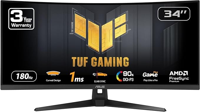 ASUS TUF Gaming 34â Ultra-Wide Curved Monitor (VG34VQ3B) â 21:9 QHD (3440x1440), 180Hz, 1ms, Extreme Low Motion Blur Sync, FreeSync Premium, Speaker, 90ÜI-P3, DisplayWidget Center, 3 yr Warranty