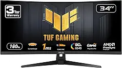ASUS TUF Gaming Monitor curvo ultra amplo de 34 polegadas (VG34VQ3B) - QHD 21:9 (3440 x 1440), 180Hz, 1ms, sincronização de desfoque de movimento extremamente baixo, FreeSync Premium, alto-falante