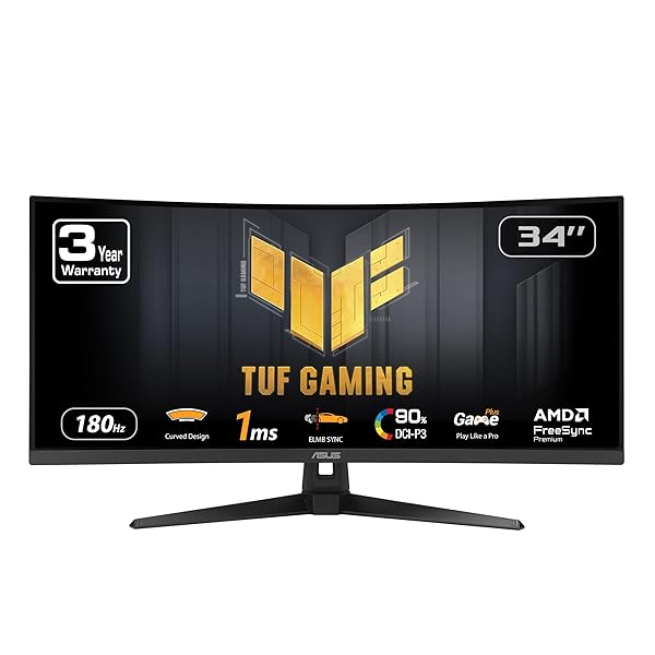 ASUS TUF Gaming 34” Ultra-Wide Curved Monitor (VG34VQ3B) – 21:9 QHD (3440x1440), 180Hz, 1ms, Extreme Low Motion Blur Sync, FreeSync Premium, Speaker, 90% DCI-P3, DisplayWidget Center, 3 yr Warranty