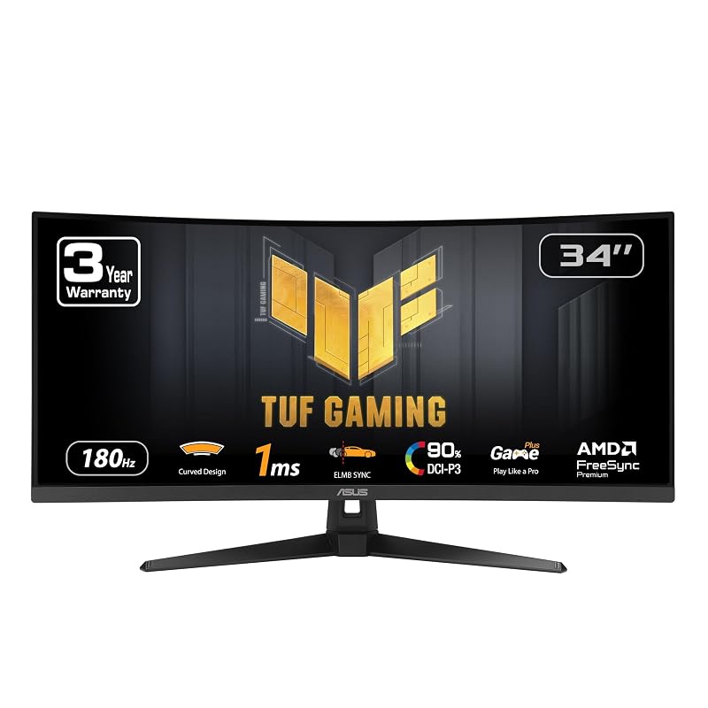 ASUS TUF Gaming Monitor curvo ultra amplo de 86.4 cm (VG34VQ3B) – QHD 21:9 (3440x1440), 180Hz, 1ms, Extreme Low Motion Blur Sync, FreeSync Premium, alto-falante, 90% DCI-P3, DisplayWidget Center, 3