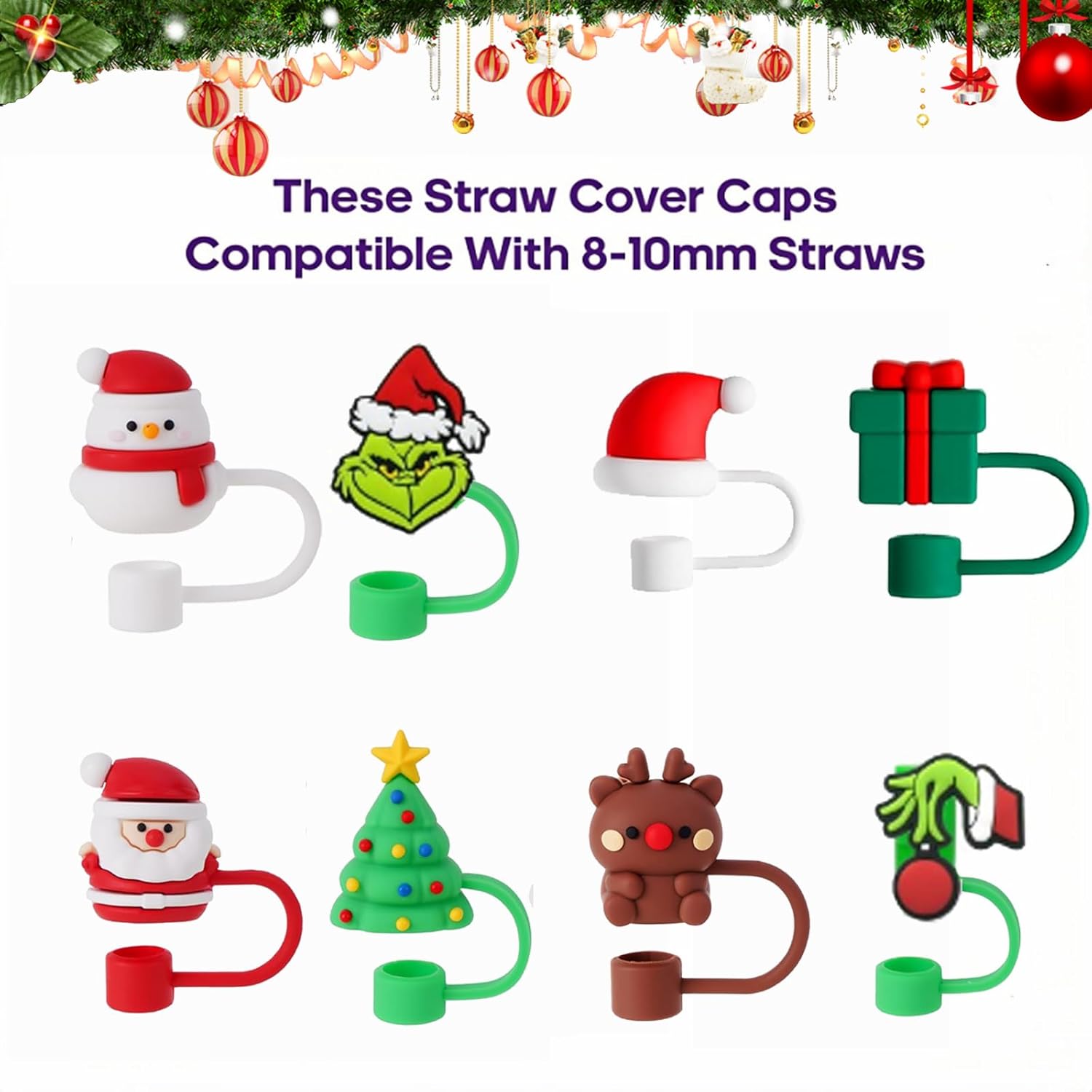 Christmas Halloween Straw Covers Cap Compatible with Stanley Cup 30 40 oz, Silicone Reusable Drinking Straw Topper, Funny Tumbler Accessories 2024 Halloween Christmas Gifts (Christmas-8pcs) - Image 9