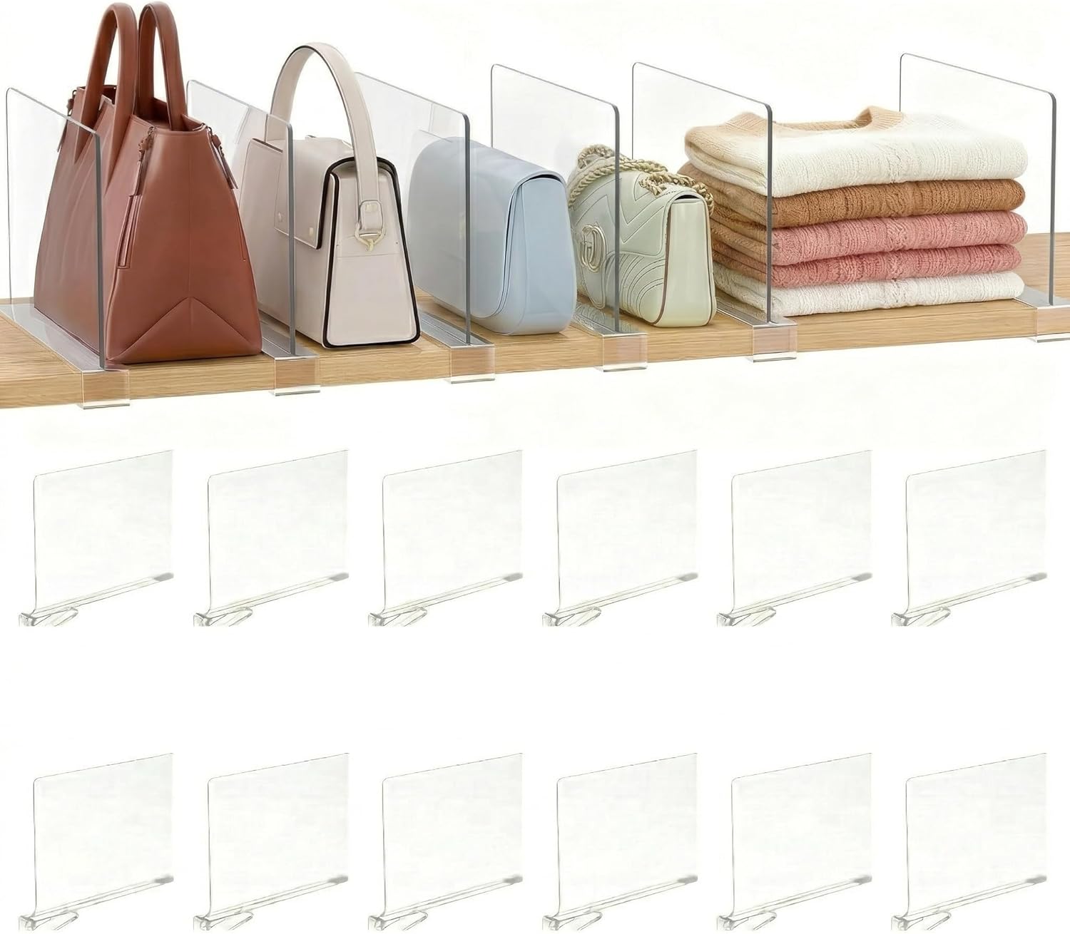 Acrylic Shelf Dividers, 12 Pack Clear Closet Shelf Organizer, Slide-On Vertical Dividers for Sweaters, Shirts, Towels & Handbags, Fits 3/4 in Shelves, 11 x 8 in