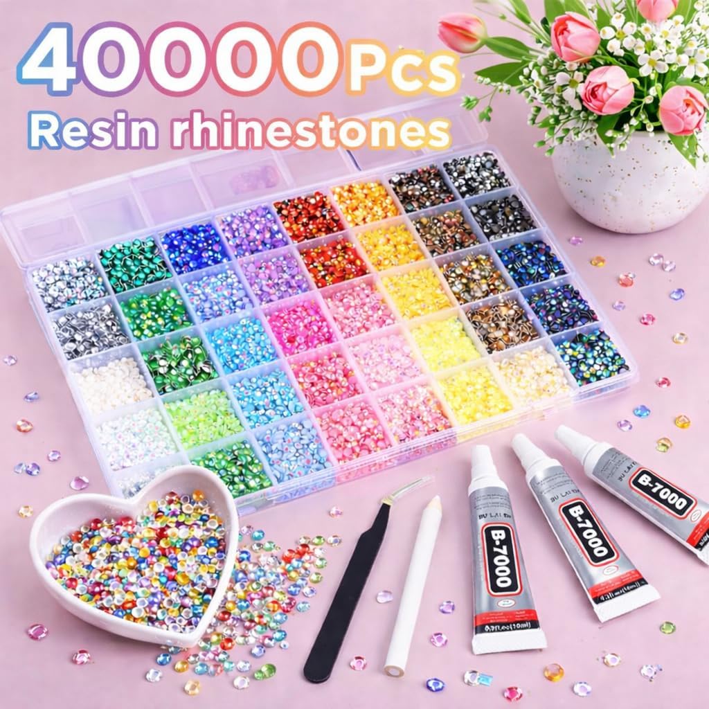 40000Pcs 40 Colors Jelly Rhinestones for Bedazzling,Mix Colors Bedazzling Kit with Rhinestones,3MM SS10 Colorful Resin Flatback Gems with B7000 Jewelry Glue for Crafting, Nail Art, Shoes, Books