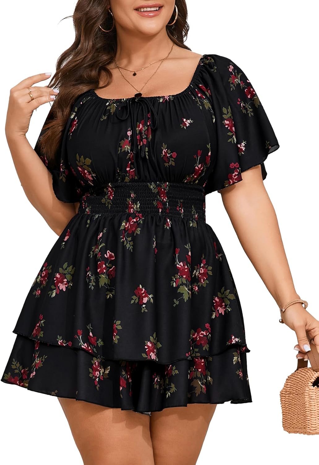 SCOMCHIC Women Plus Size Romper Dress Summer Short Jumpsuit Square Neck Puff Sleeve High Waist Ruffle Boho Jumpsuits