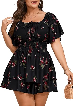 SCOMCHIC Women Plus Size Romper Dress Summer Short Jumpsuit Square Neck Puff Sleeve High Waist Ruffle Boho Jumpsuits