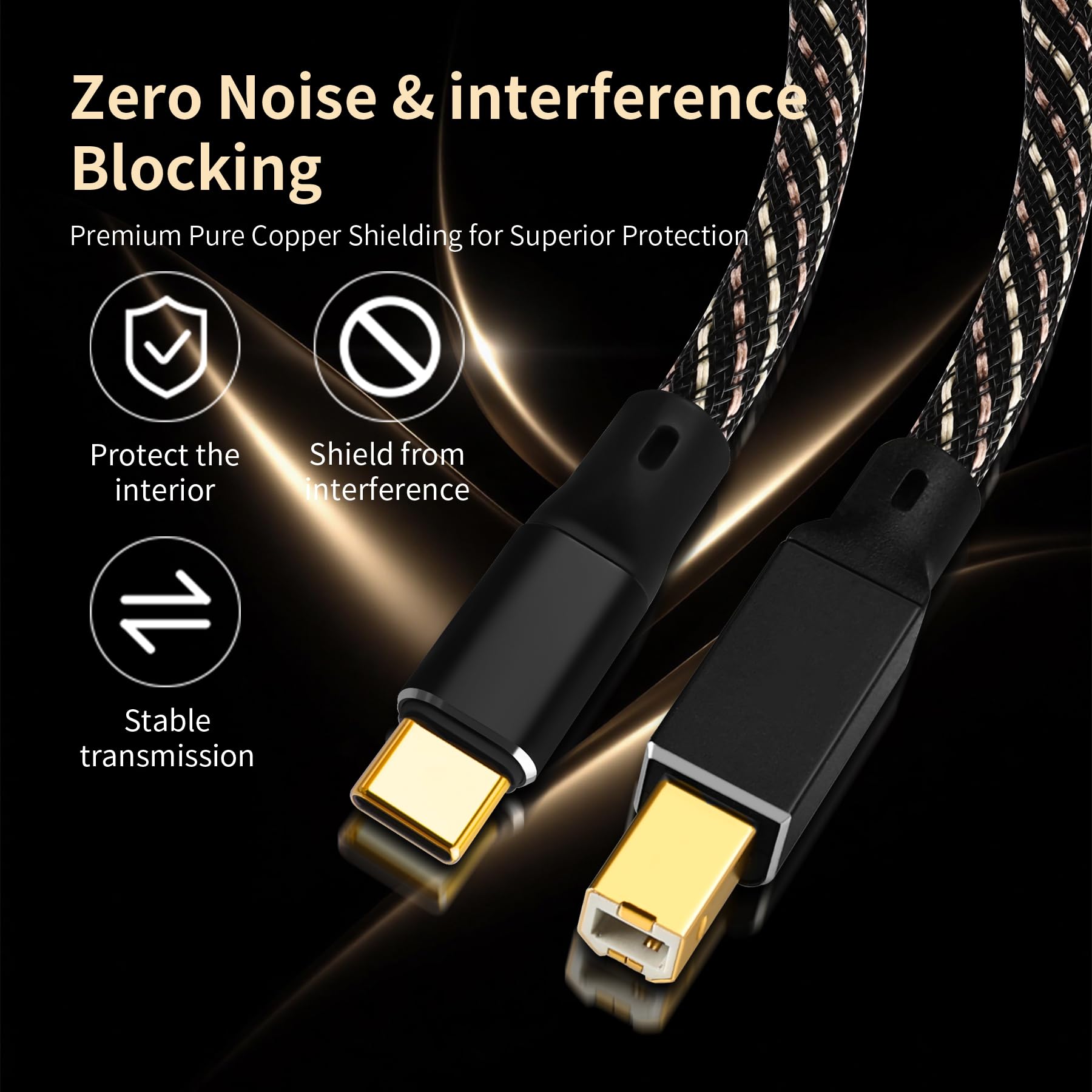 Câble audio USB B vers USB C, câble d'imprimante tressé OFC 6N plaqué or, pour Hi-Fi DAC, amplificateur, contrôleur DJ, audiophiles et amateurs de musique (0,5 m)