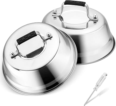 Joyfair Cheese Melting Dome, 2 Pcs Stainless Steel Basting Cover with Plastic Handle, Small Burger Cover for Indoor Outdoor Griddle Grilling BBQ, Heat-Proof Handle & Rust Proof, 17 X 6 cm