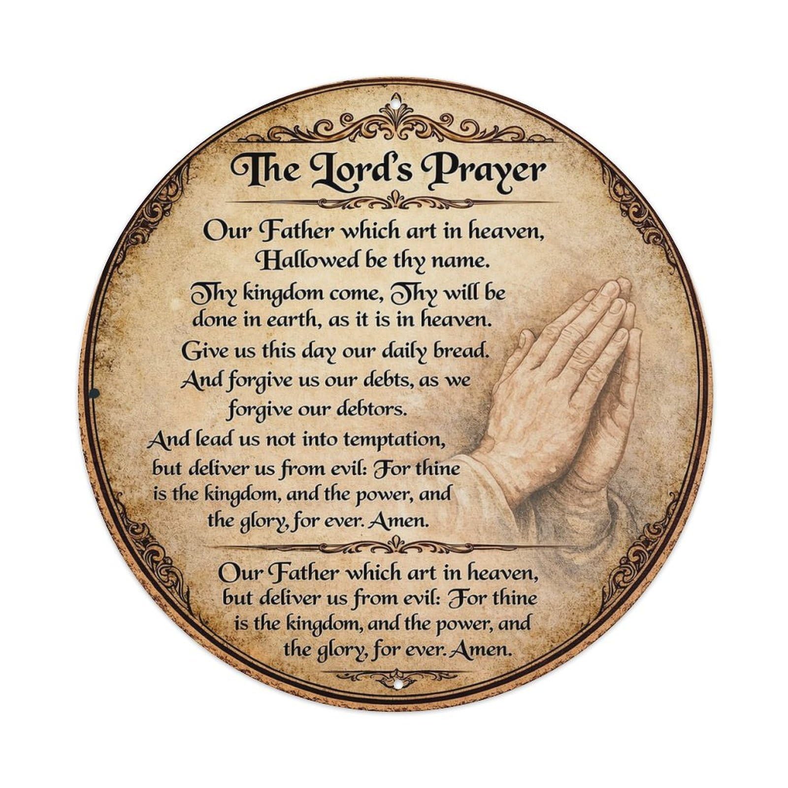The Lords Prayer With Hands Round Metal Tin Sign Vintage Wall Decor, Bar Garage Cafe Kitchen Home Wall Art Poster 8x8inches